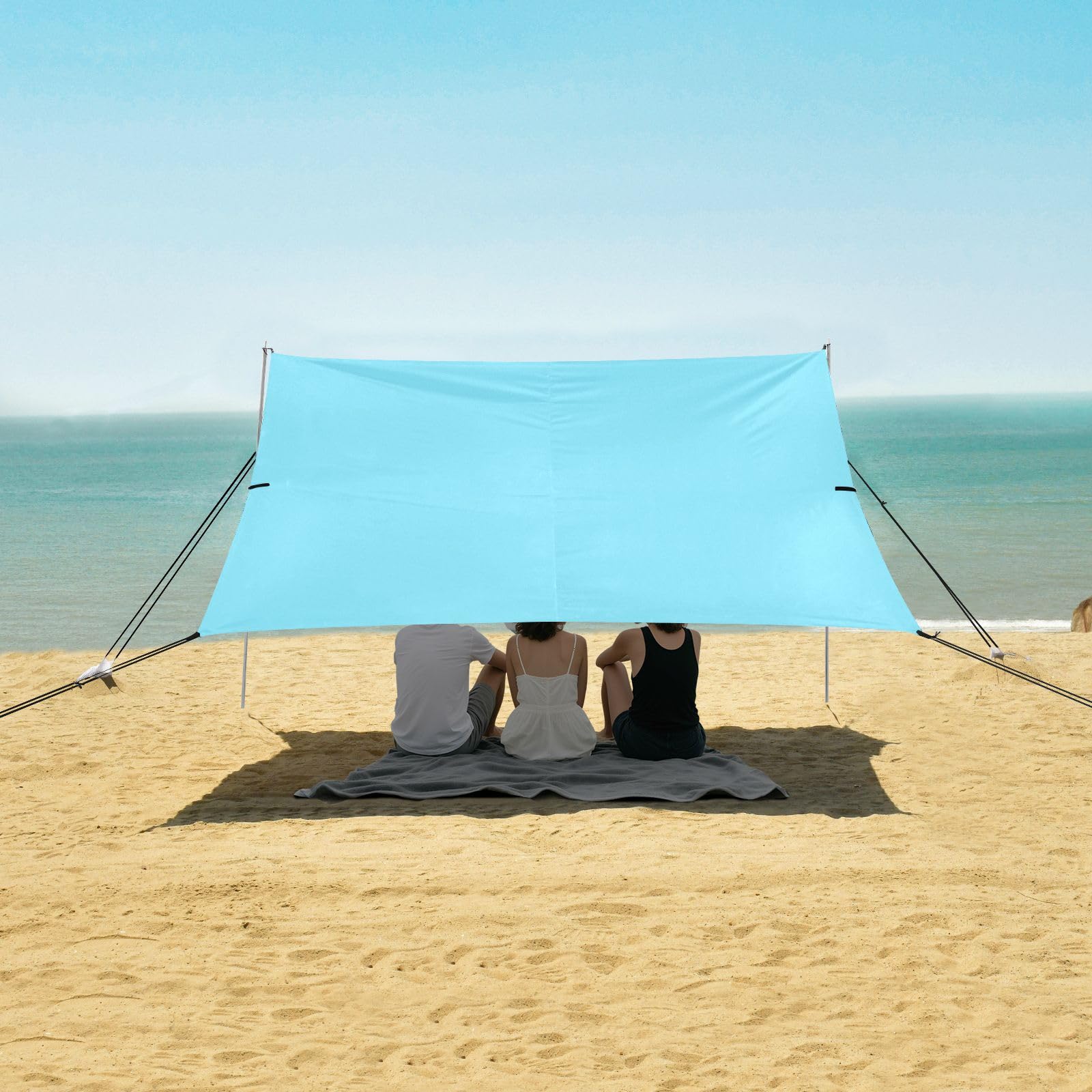 Tenda da spiaggia leggera UPF50 con design blu, include pala per sabbia, sacchi di sabbia, pali di stabilità per viaggi in famiglia, picnic e accessori da campeggio per Playa
