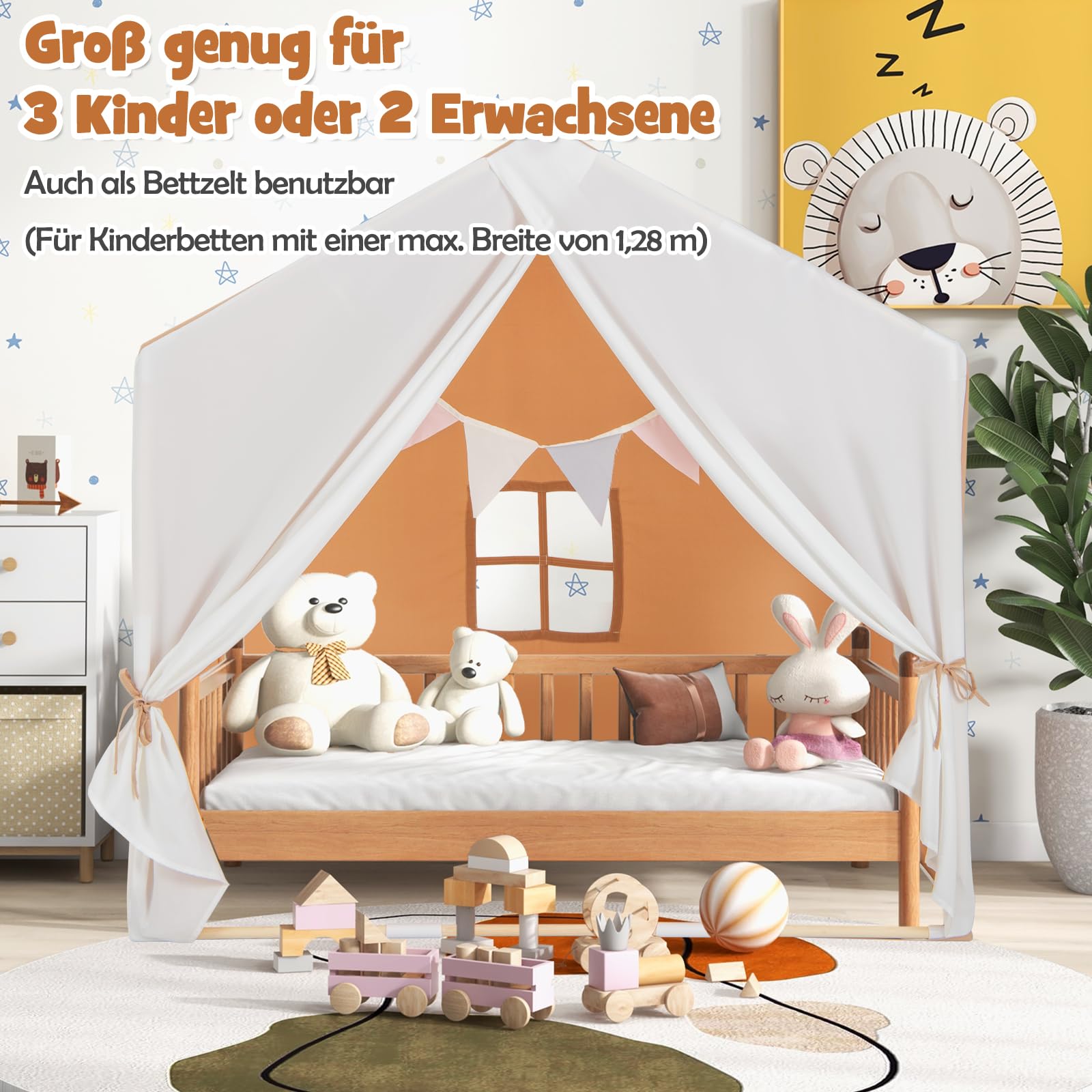 DREAMADE Kinderzelt für drinnen mit Matte und Girlande, Kinder Spielhaus Indoor mit Fenstern & Vorhang, Tipi Zelt, Kinder Spielzelt mit Massivholzrahmen für Jungen und Mädchen (Hellbraun + Weiß)
