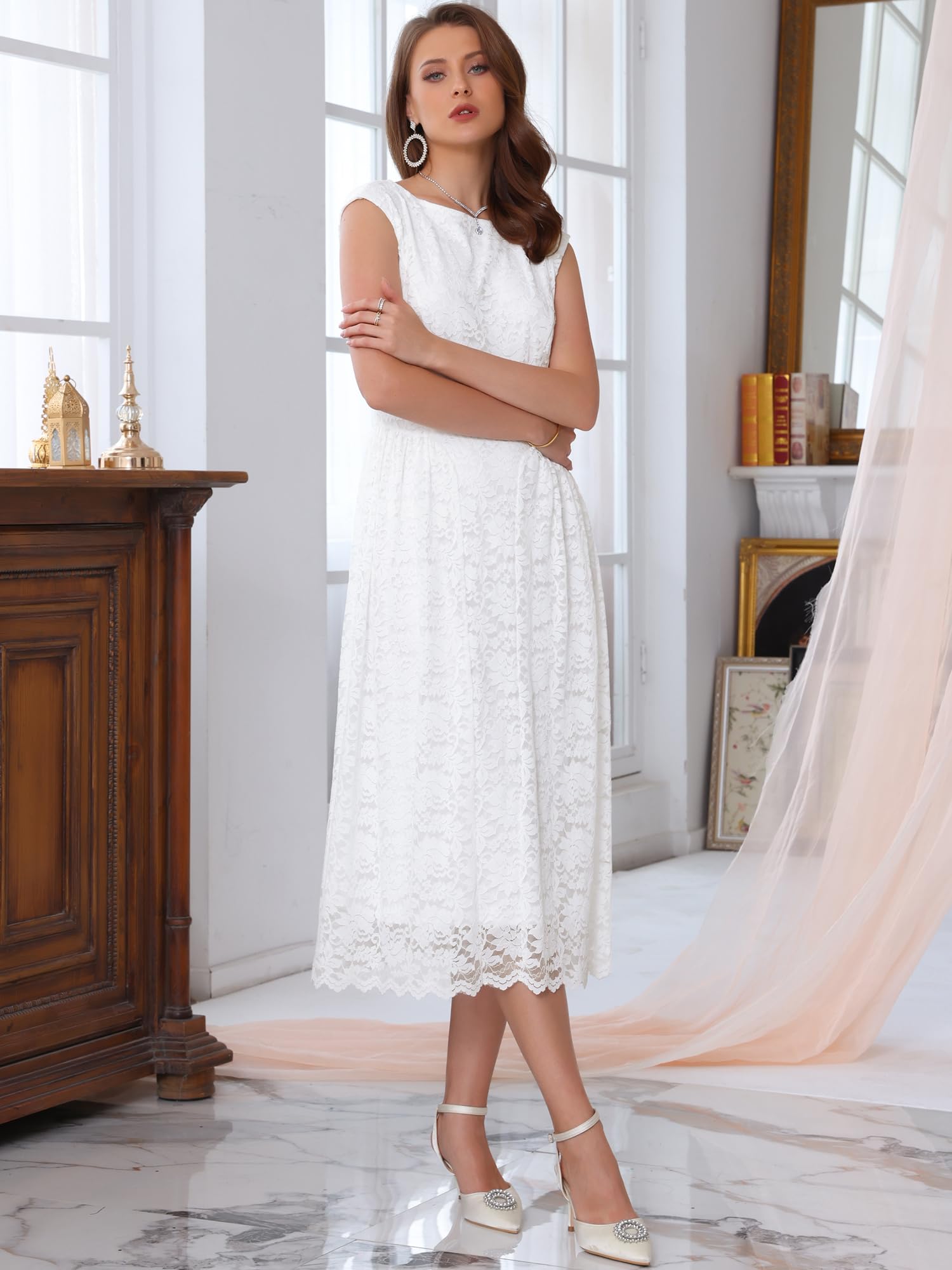 Femme Robe Vintage Dentelle Col Bateau Invitée Mariage 2025