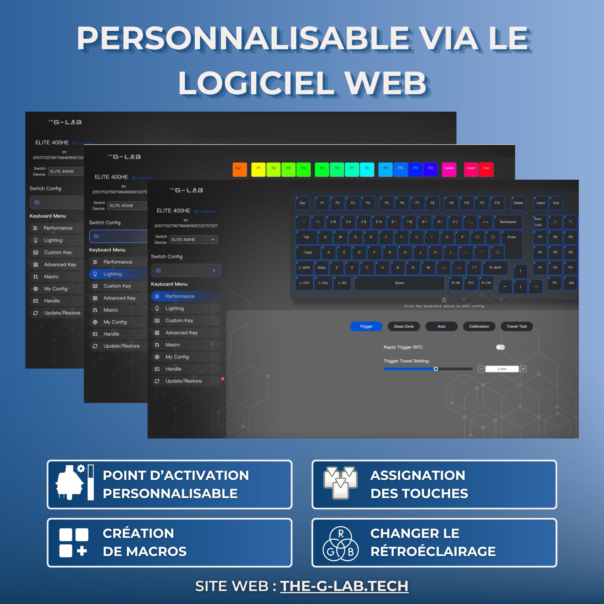 The G-Lab - KEYZ Elite 400 HE BB - Magnetyczna Klawiatura Gamingowa Hall Effect 96% AZERTY FR, Przewodowa USB, 8000 Hz Rapid Trigger, Regulowana Aktywacja 0,01 mm, PBT Hot-Swap, RGB i Makra - Win/Mac