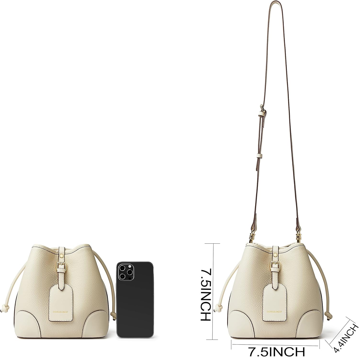 DORIS&JACKY Genuine Leather Bucket Crossbody Purse Small Designer Drawstring Single Shoulder Bag for Women