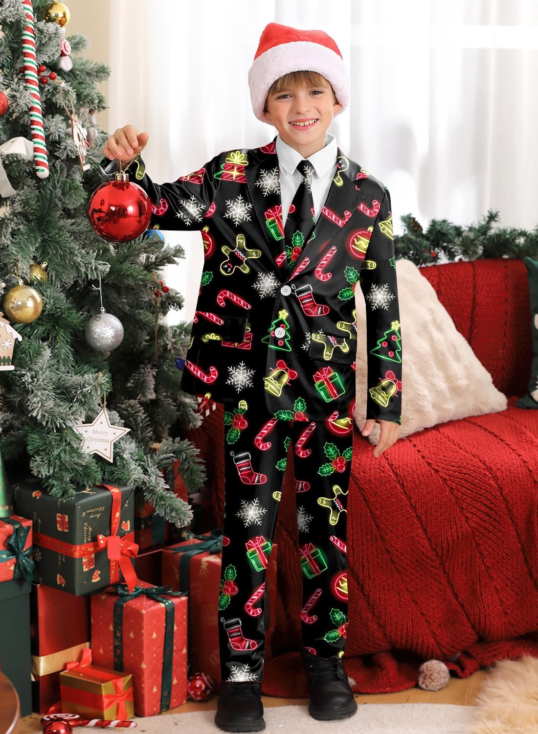Toddler Boy's Christmas Novelty Graphic Party Outfit Ugly Print Xmas Funny Holiday with Blazer Jacket Pants & Tie Black 6 Years