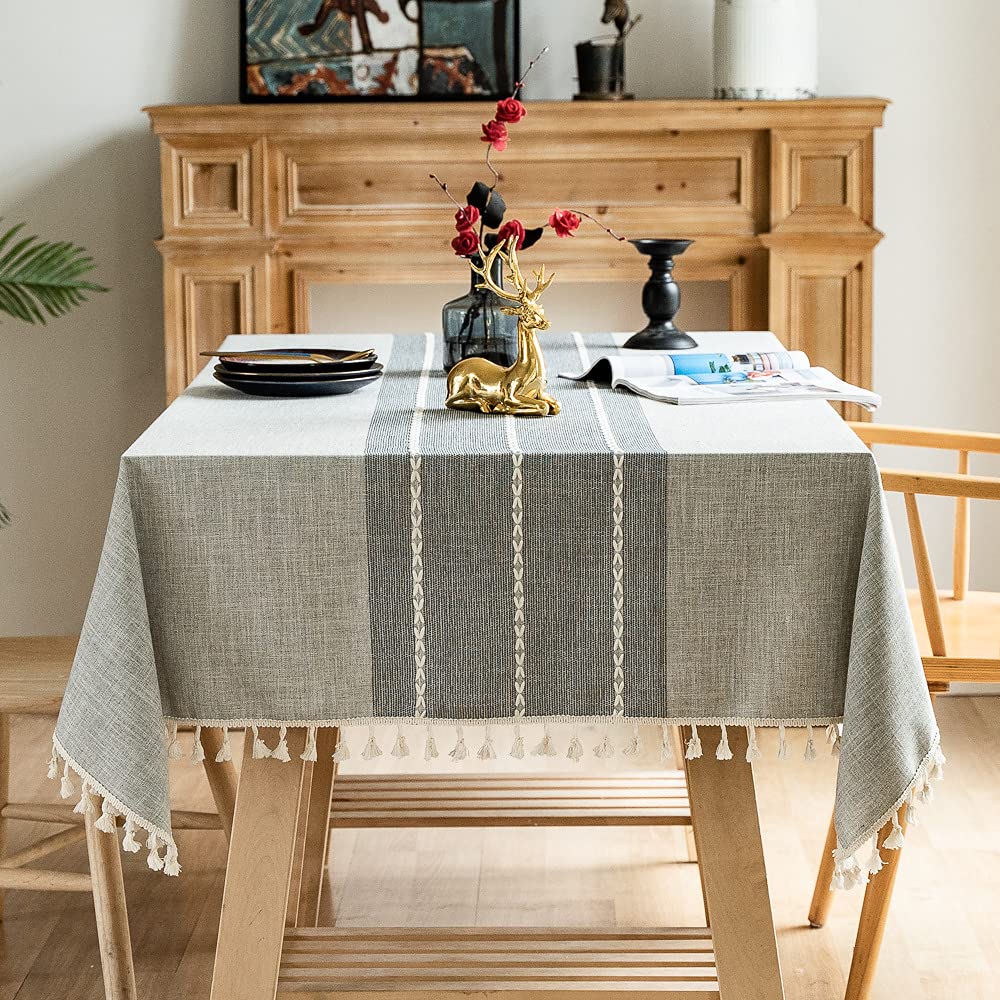 Pahajim Striped Tablecloth Rectangle with Tassels Thick Linen Cotton Table Cloth for Outdoor Picnic Dining and Holiday Kitchen Decor Rectangle/Oblong,
