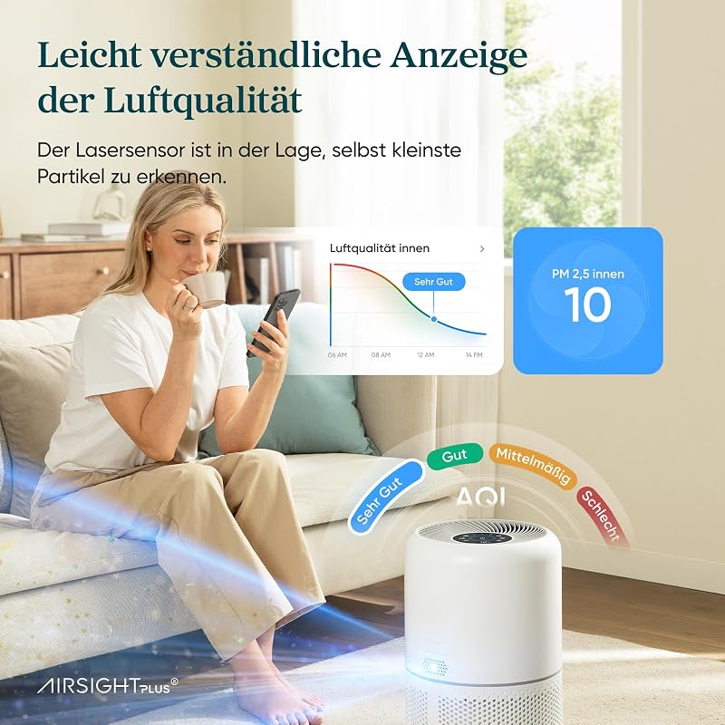 LEVOIT Légtisztító H13 HEPA Szűrő Allergia Pollenszemcse Füst Ellen 195m³/h