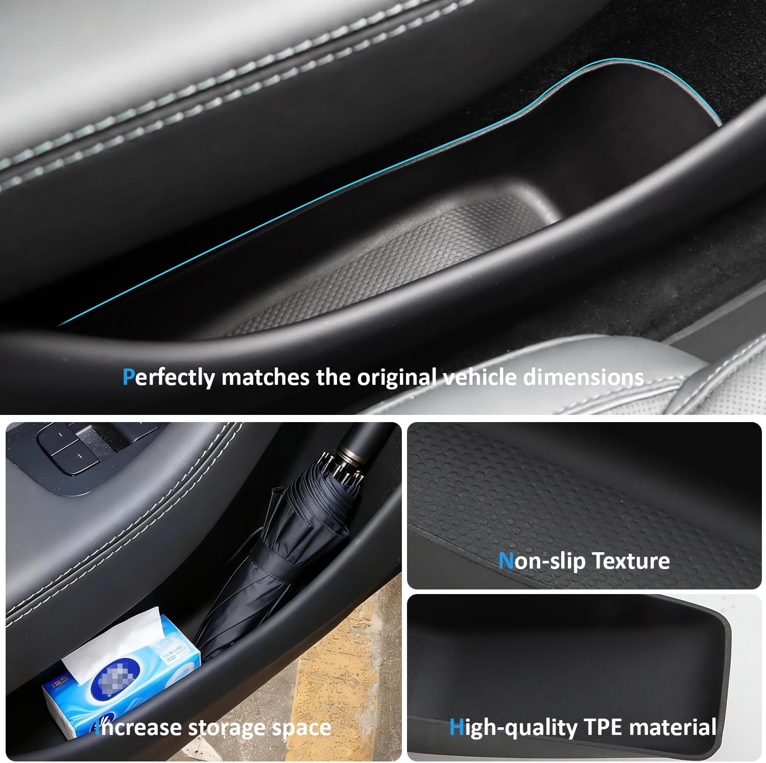 auovo 4PCS Door Side Pocket Storage Box for Tesla Model Y Juniper 2025 2026 Accessories Front& Rear Door Side Slot Liner Protector TPE Organizer Trays for Tesla Model Y Juniper Interior Black