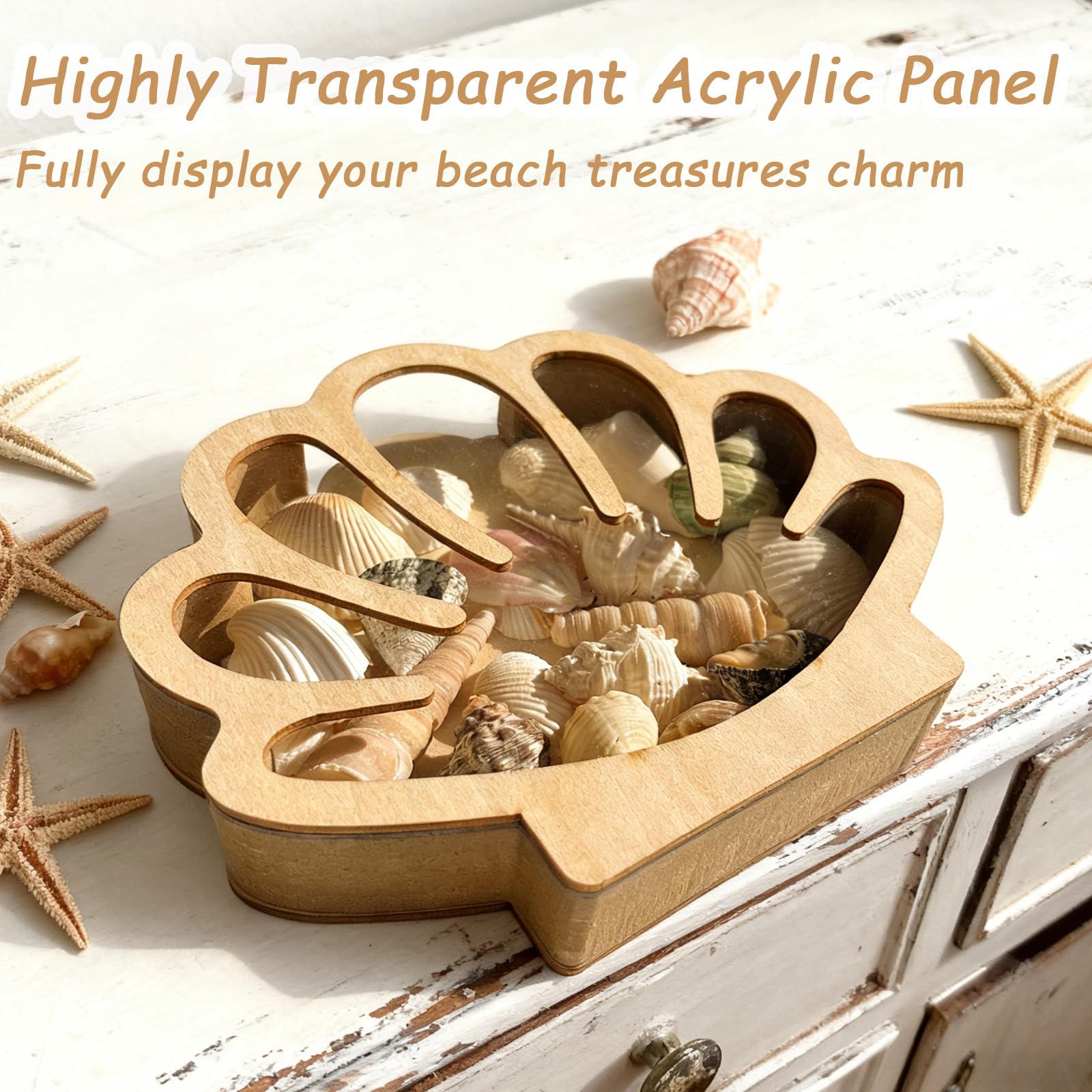 Caja de almacenamiento de madera con ventana acrílica, soporte de concha de mar, cristal de mar, dientes de tiburón, estrella de mar, caja de exhibición de sombra, caja de colección de