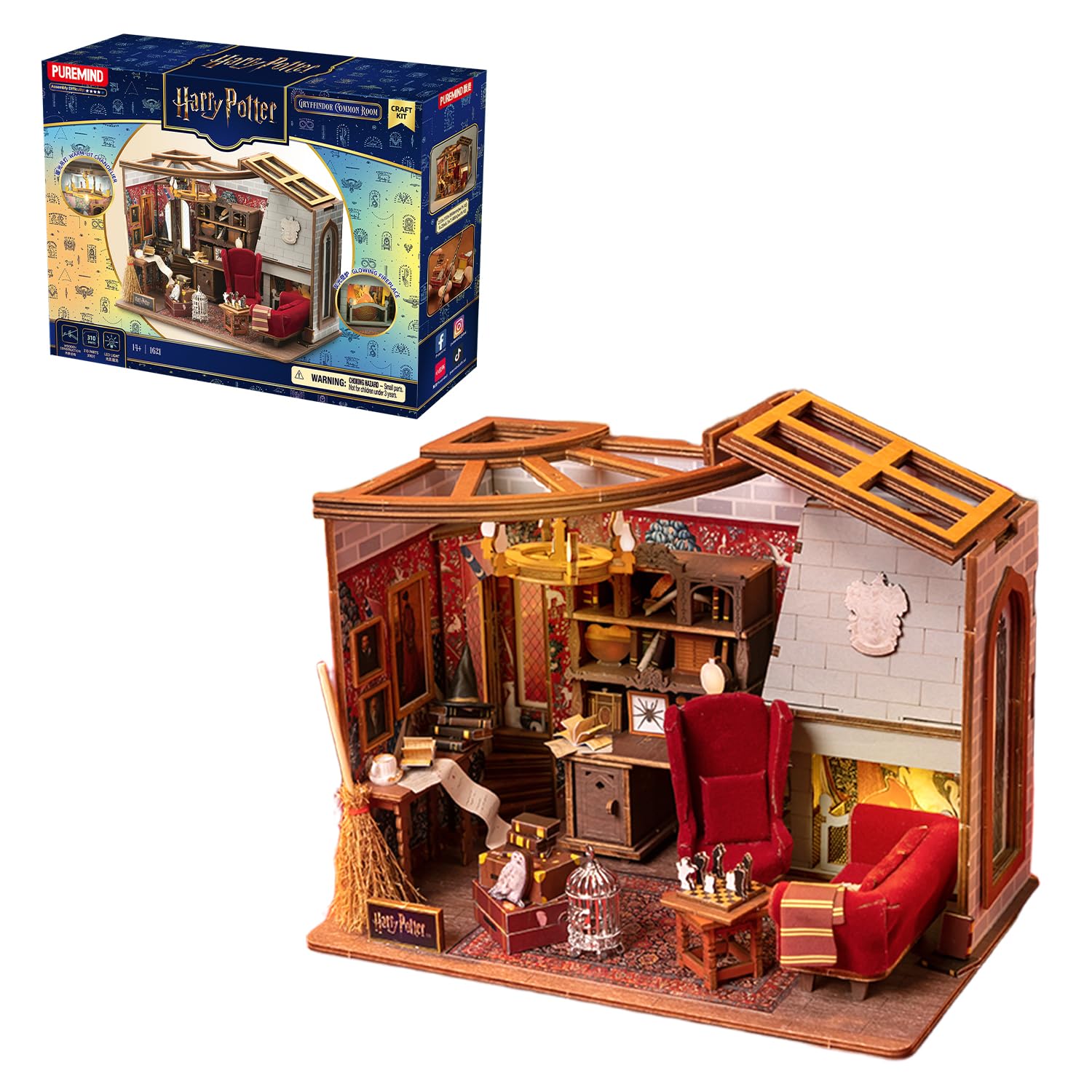 PUREMIND Harry Potter Pokój Gryffindoru, puzzle 3D, oficjalna licencja | Oświetlenie, ruchome elementy, szczegółowa scena Hogwartu, model do montażu, dekoracja na półkę lub do witryny