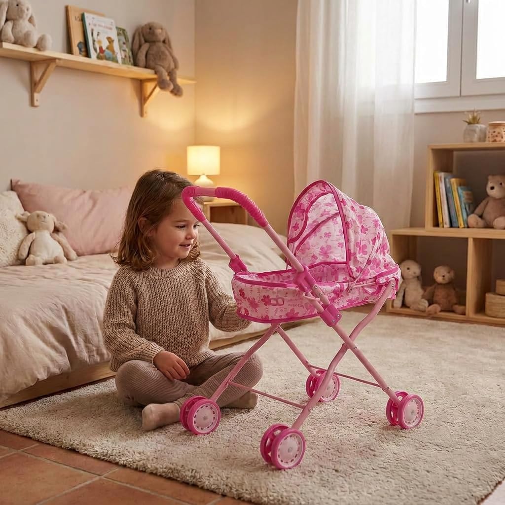 Passeggino per Bambole Pieghevole, Carrozzina per Bambole con Cintura di Sicurezza Integrata, Ruote Doppie, Leggero e Facile da Riporre, Giocattolo per Bambine