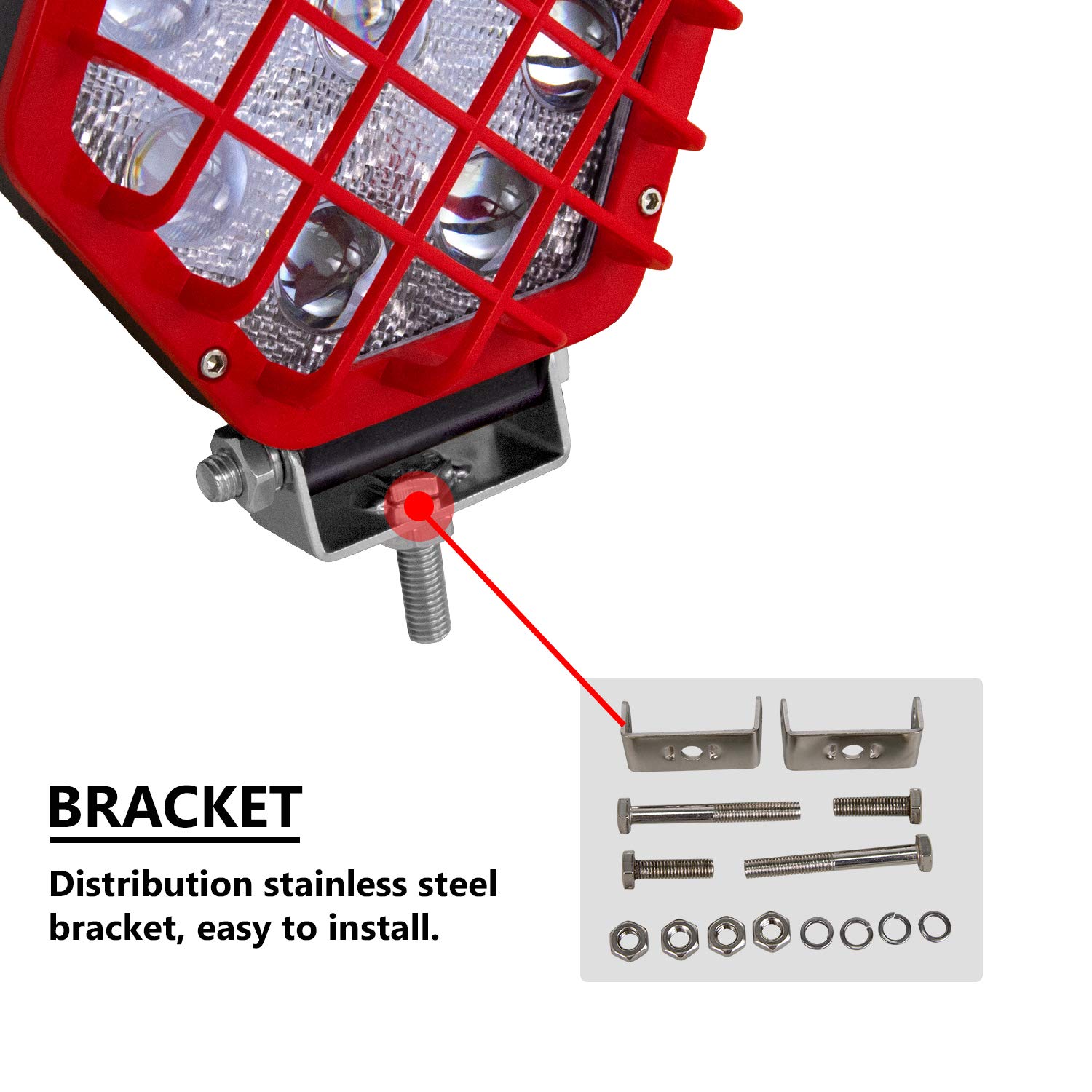 RIGIDON 4 szt. 12 cm 48 W kwadratowe czerwone światło robocze LED, wodoodporna wiązka punktowa 5D, 12 V 24 V lampa do samochodu terenowego łodzi ciężarówki 4 x 4 SUV ATV traktory koparka, 6000 K białe reflektory przeciwmgielne lampa