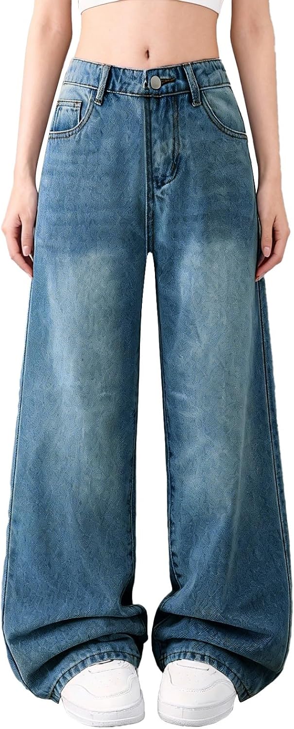 Teen Girls Baggy Jeans Cute Y2k Straight Wide Leg Distressed Denim Pants Spring Preppy High Waist Washed Long Trousers