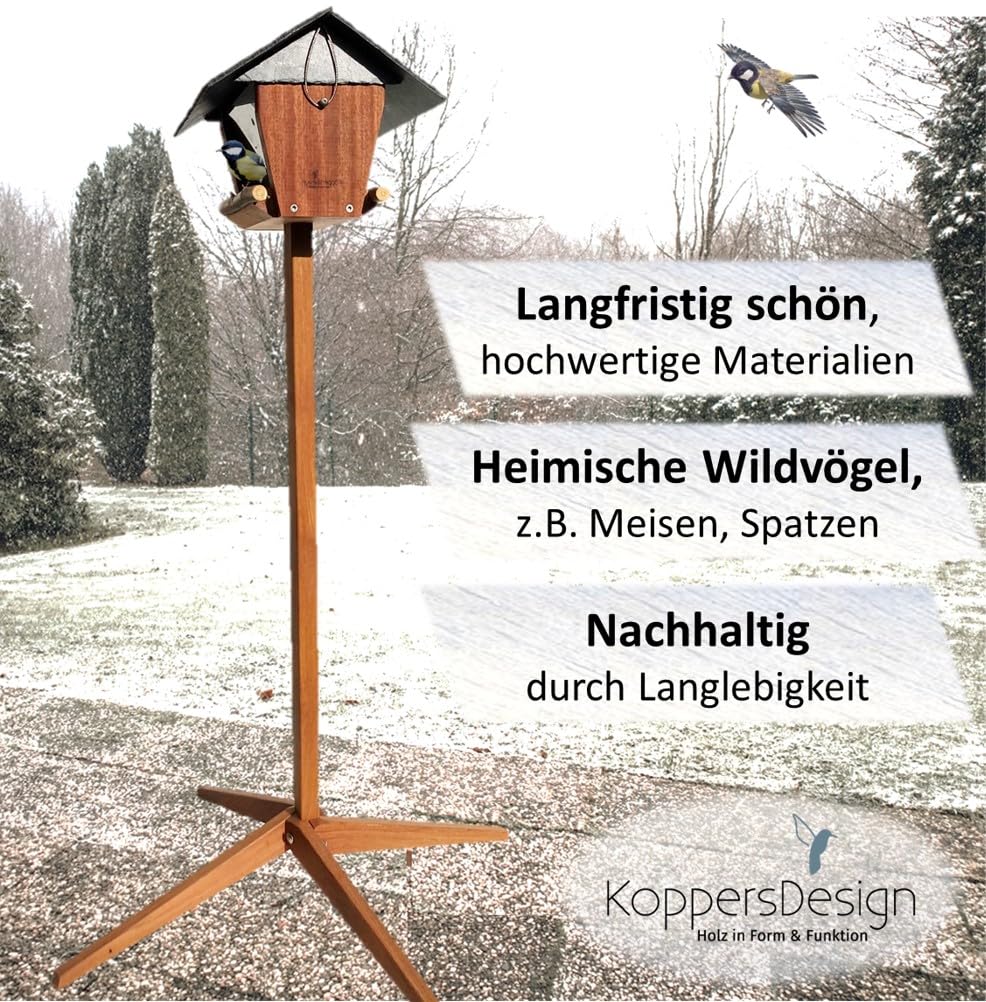 Bergisches Vogelhaus KoppersDesign, mit Ständer, Silo Vogelfutterhaus, wetterfest, FSC zertifiziertes Holz, Schieferdach, Vogelfutterstation, Terrasse oder Balkon, sehr standfest, Zwei Futterkammern
