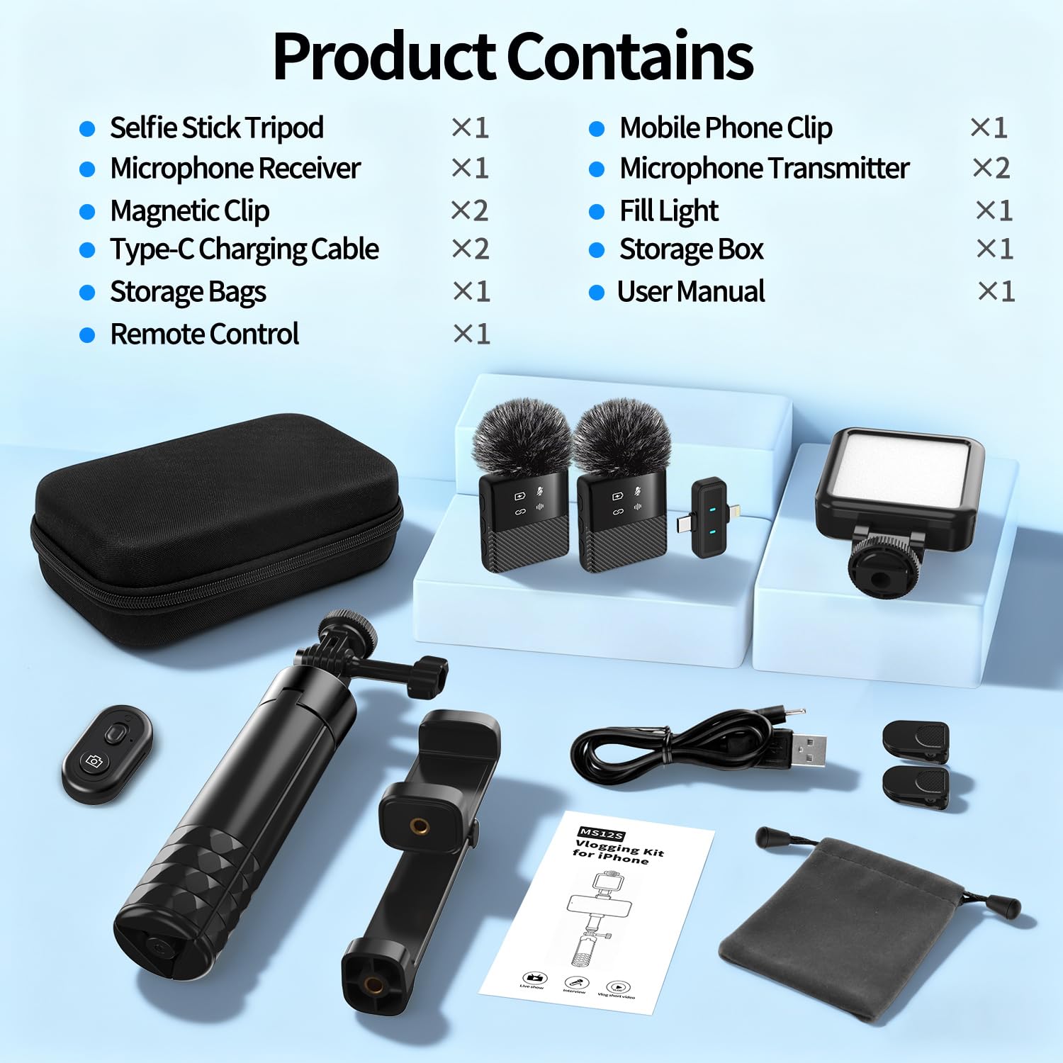 yAyusi Vlogging Kit pour iPhone/Android, Kit Youtuber Comprend Trépied 3 en 1, Lumière LED, Microphone et Housse de Rangement, Idéal pour Interviews de Rue et Enregistrement de Vlog