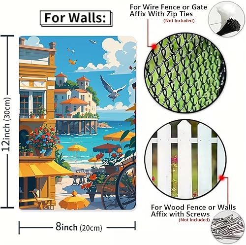 Miniatura 6 de Letrero de metal vintage de la ciudad costera  Pintura al óleo Seaside Serenity  Arte de pared de estaño rústico de 12 x 8 pulgadas, letrero