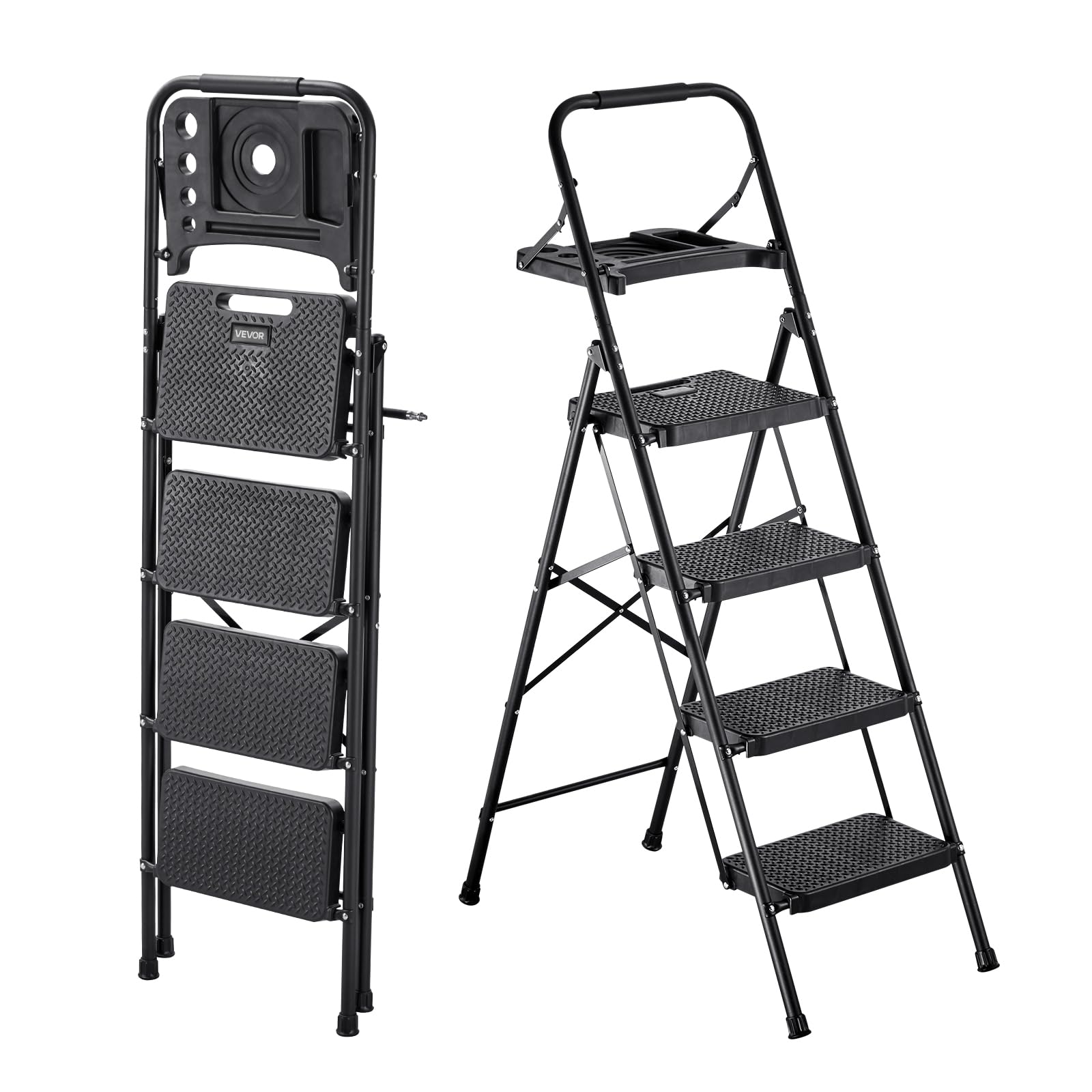 VEVOR Escalera Plegable de 4 Peldaños, Escalera de Tijera con Estructura de Acero, Capacidad de Carga Máx. 272 kg, Pies Antideslizantes Bandeja de Herramientas Asa de Goma, para Hogar Cocina Oficina
