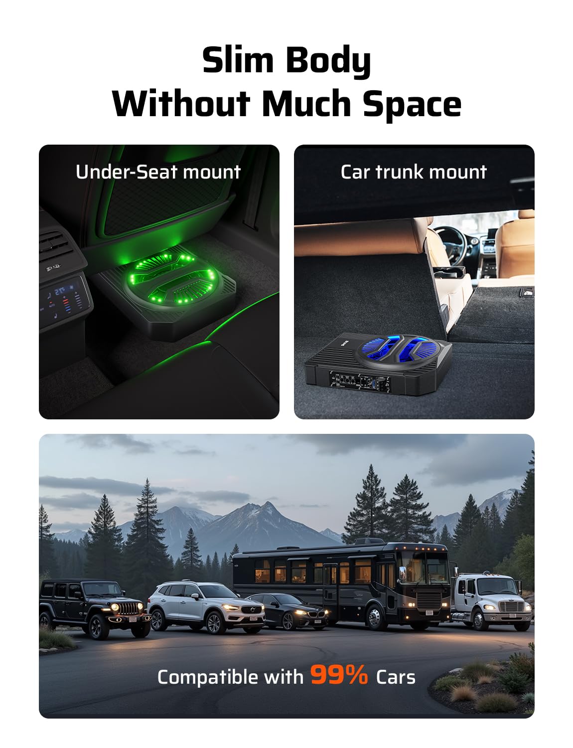 10" 1200W Slim Underseat Car Powered Subwoofer with Amplifier & RGB Lights – APP/Remote Control, Music Sync Bass & Rainbow Chasing Effects, Car Truck Audio Subwoofer and Amp Package