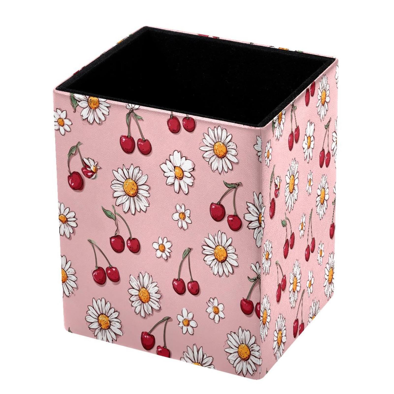 DragonBtu Desktop Pencil Holder, Daisies and Cherries Rectangular Pencil Cup, Pencil Storage Bag Office Desk Supplies Case for School, Kids
