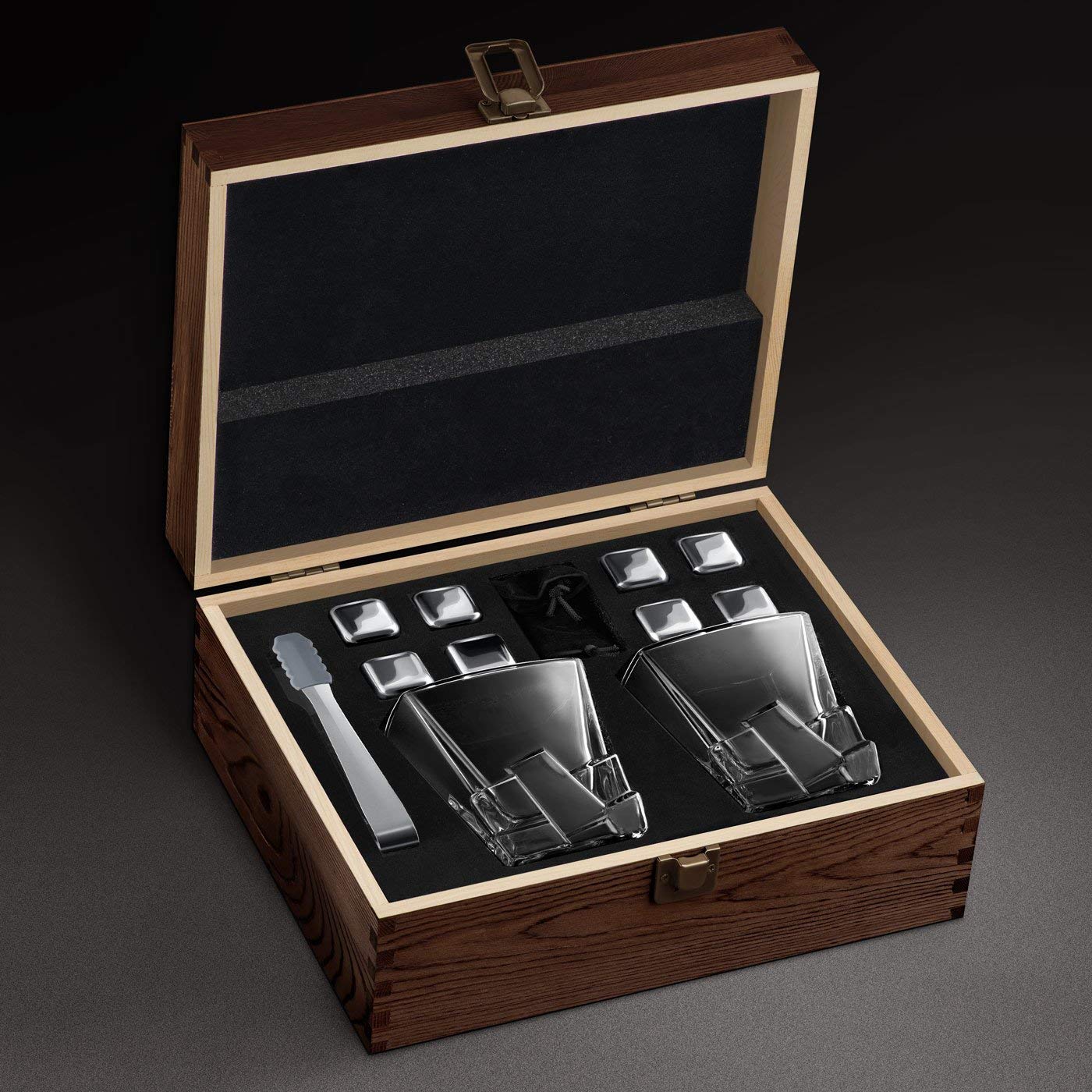 Maverton Set di Pietre da Whisky - in un cofanetto personalizzato - 8 cubetti di ghiaccio + 2 bicchieri con incisione - riutilizzabili - in granito - regalo uomo - bussola
