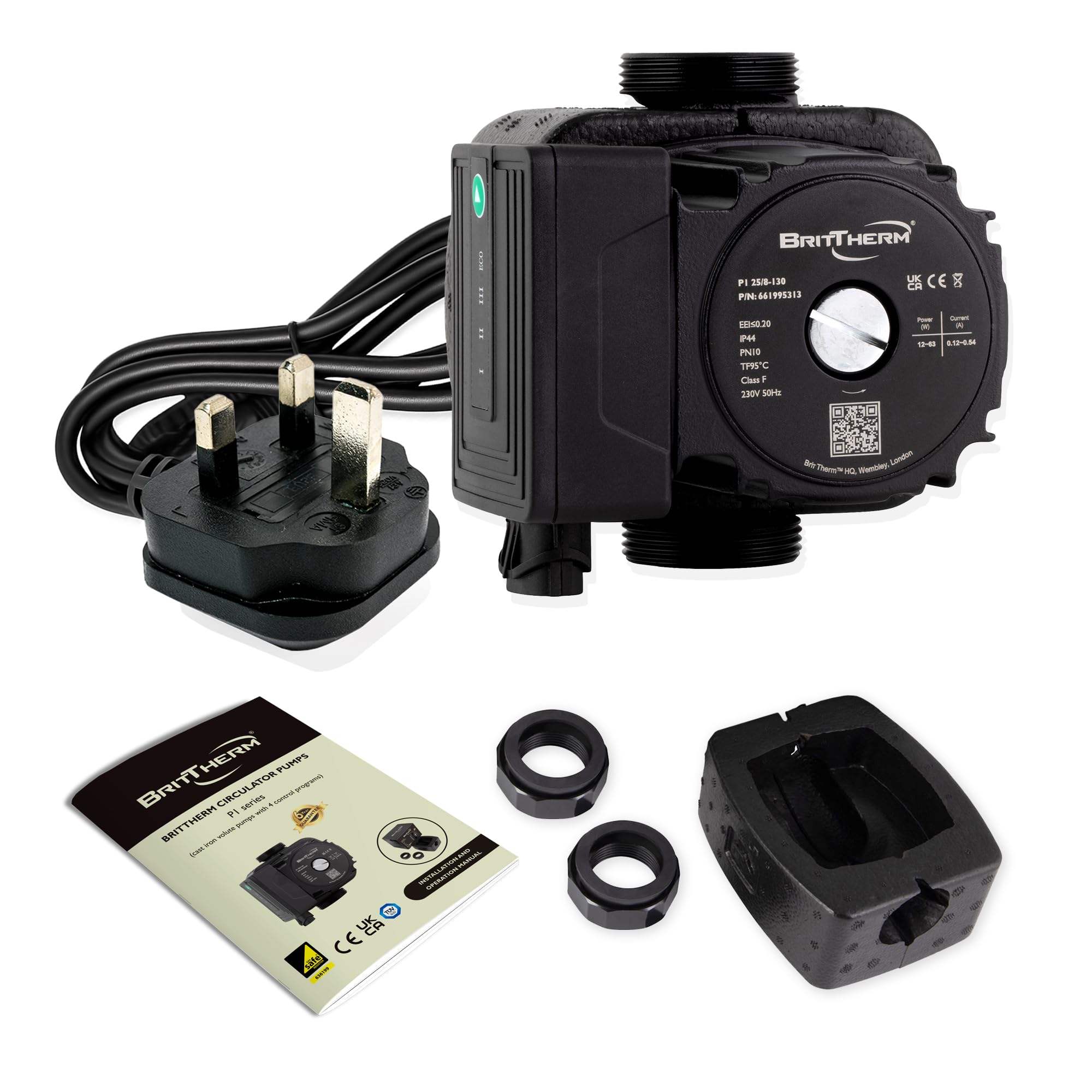 BritTherm P1 25/8-130 A-Rated Central Heating Circulating Pump | 8m Head, 5.2 m3/h Max Flow, EEI <0.20 | Auto/Night Modes, 130mm Port-to-Port, 1 1/2" Connections