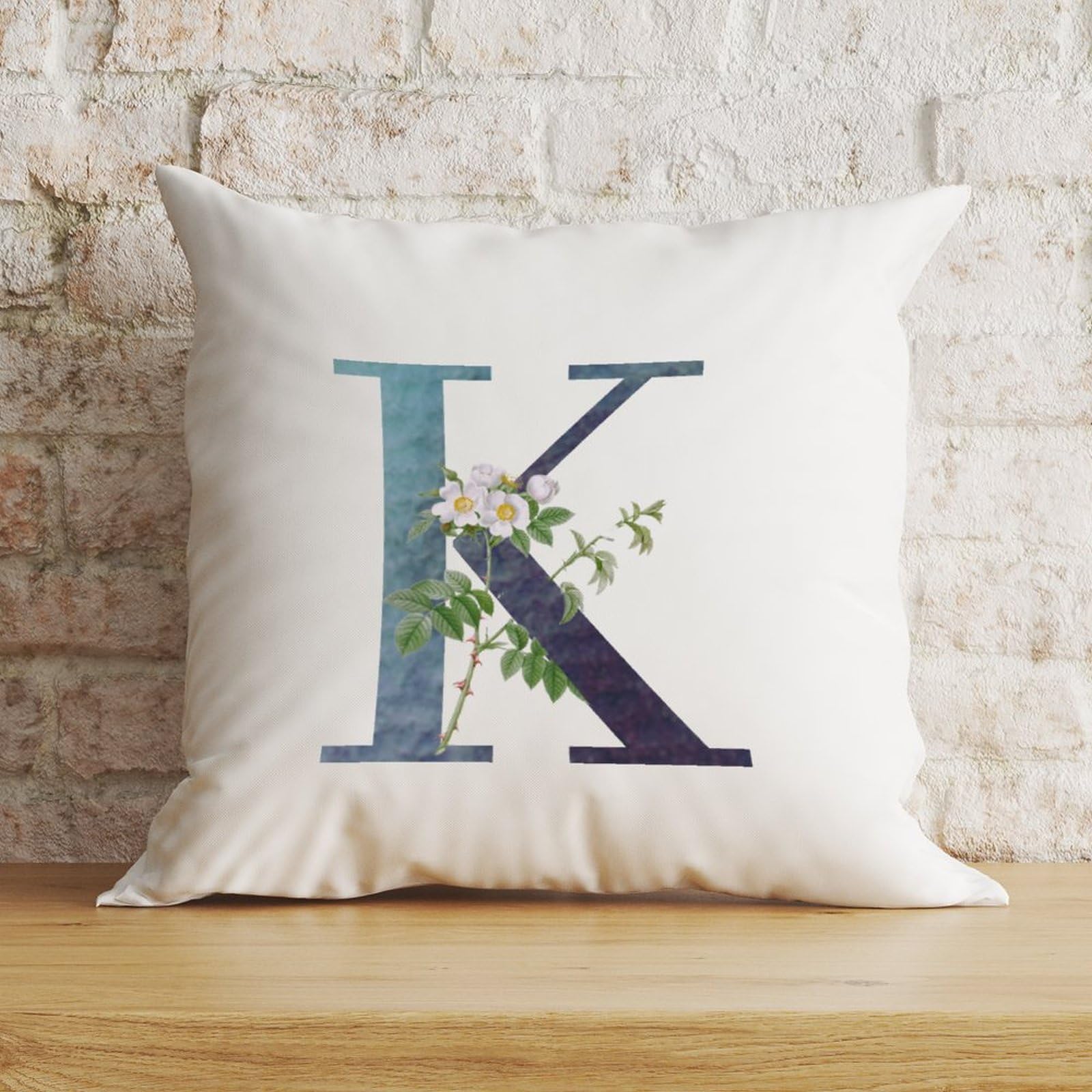 Zyadsinoudor Pillow Cover Initial Letter K Blue Pillow Case Monogram White Floral 20x20in Decorative Pillow Home Cotton Linen Monogram Letter Funny Square Cushion Cover For Bedroom Couch Bed