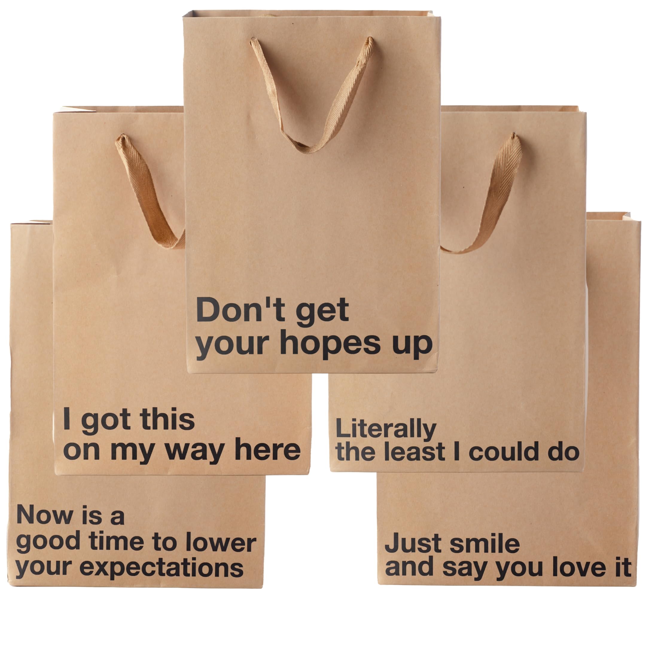 MilkToast Brands Funny Gift Bags, 11" x 8" x 4" Size, Set of 5 Colored Kraft Paper Bags with Sarcastic Phrases for White Elephant Gifts, Christmas, Birthdays, Office Parties