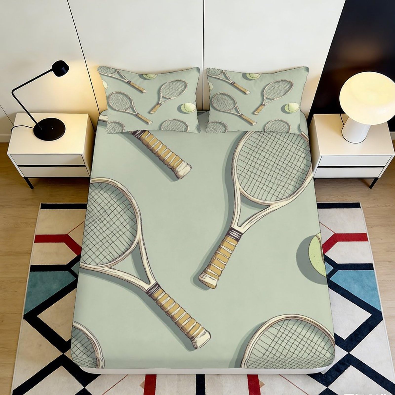 3D Printed Tennis Racket Fitted Sheet Microfiber Soft Breathable Tennis Ball Mattress Cover for Bedroom Dorm Mattress Protection Decor 160x200x25cm