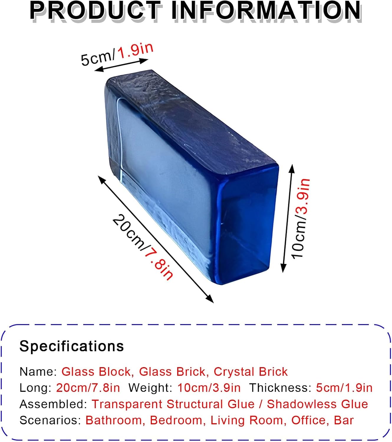 High Transparency Colored Crystal Block, Rectangular Blue Glass Brick for Office, Home, Bar, Hotel Decor - Elegant Decorative Piece