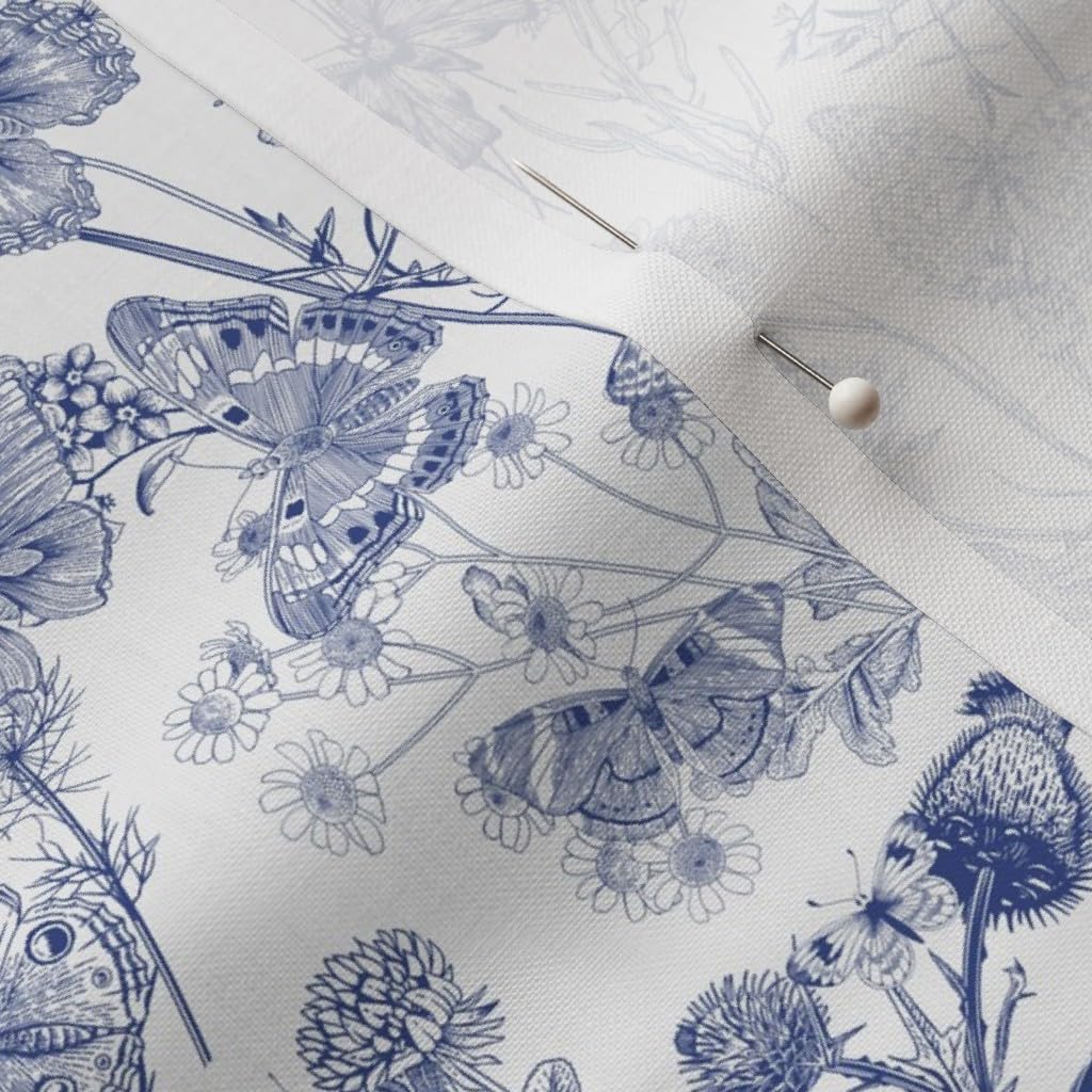 Spoonflower Fabric - Butterfly Toile Blue and White Vintage Inspired Chinoiserie Classical Printed on Petal Signature Cotton Fabric Fat Quarter - Sewing Quilting Apparel Crafts Decor