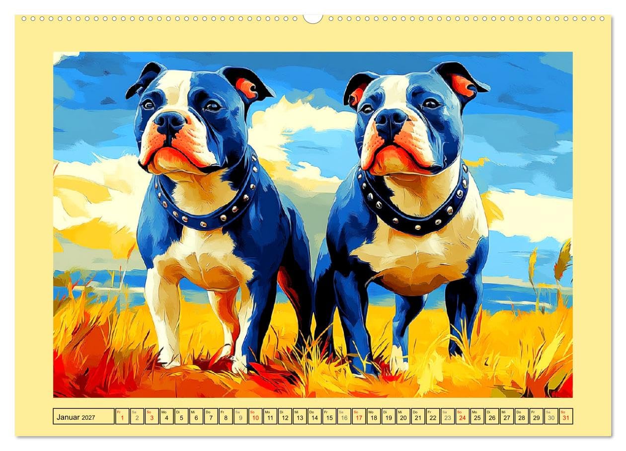 CALVENDO - Pit Bulls und Familie. Bunte Bull Breed Schönheiten (hochwertiger Premium Wandkalender 2027 DIN A2 quer), Kunstdruck in Hochglanz: Eine Sammlung einzigartiger Hunde-Porträts in farbenfrohen