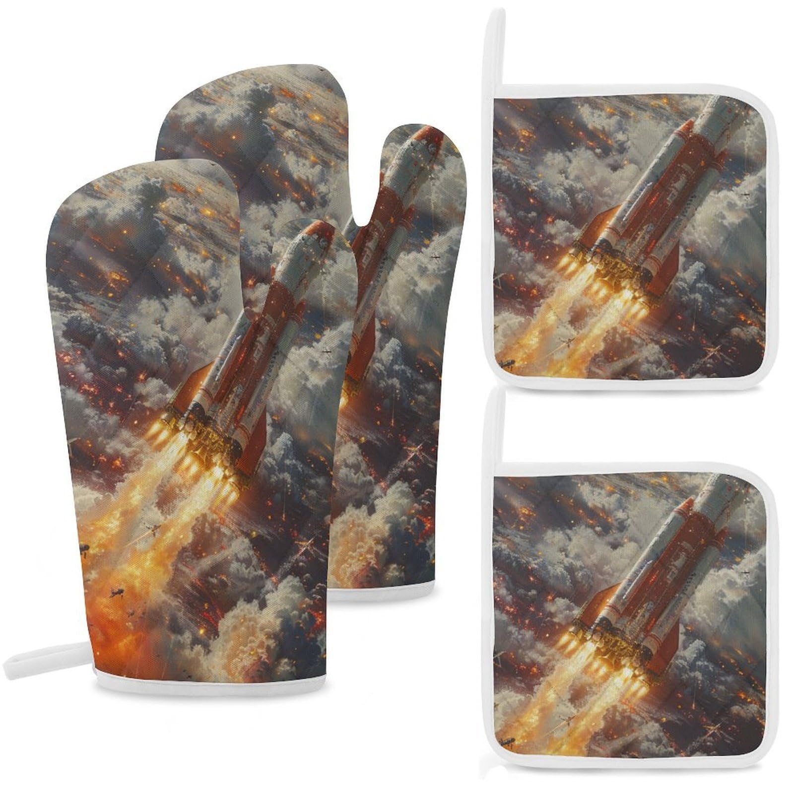 Oven Mitts And Pot Holders Sets of 4 Heat Resistant Kitchen Gloves Rocket Flight Oven Mitts BBQ Gloves Cotton Lined Oven Gloves And Hot Pads Non-Slip Potholders for Kitchen Baking Cooking