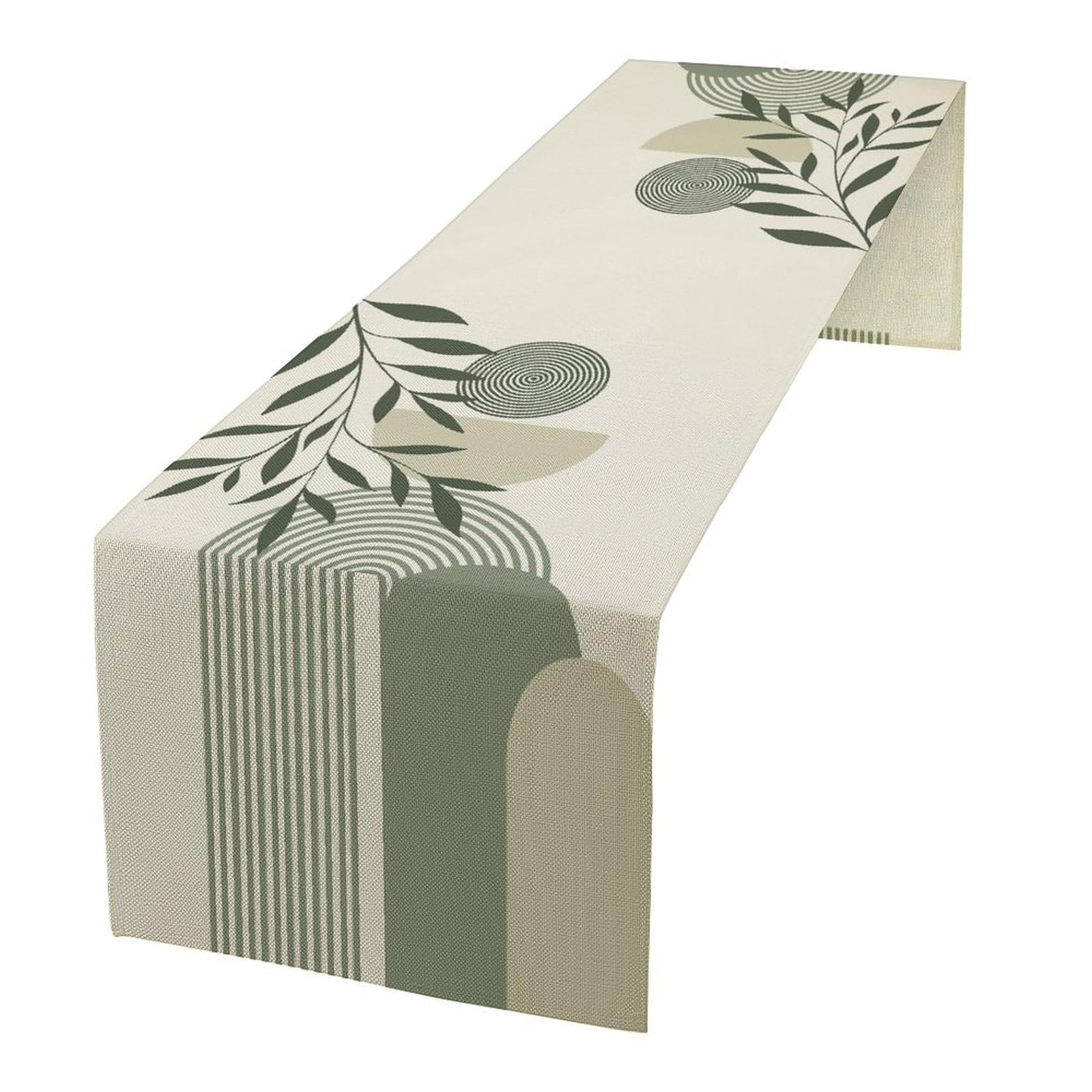 Boho Leaves Table Runner Sage Green Mid Century Modern Abstract Arch Geometric Minimalisted Spring Seasonal Dinner Runner for Farmhouse Kitchen Dining Home Holiday Party 13x90in