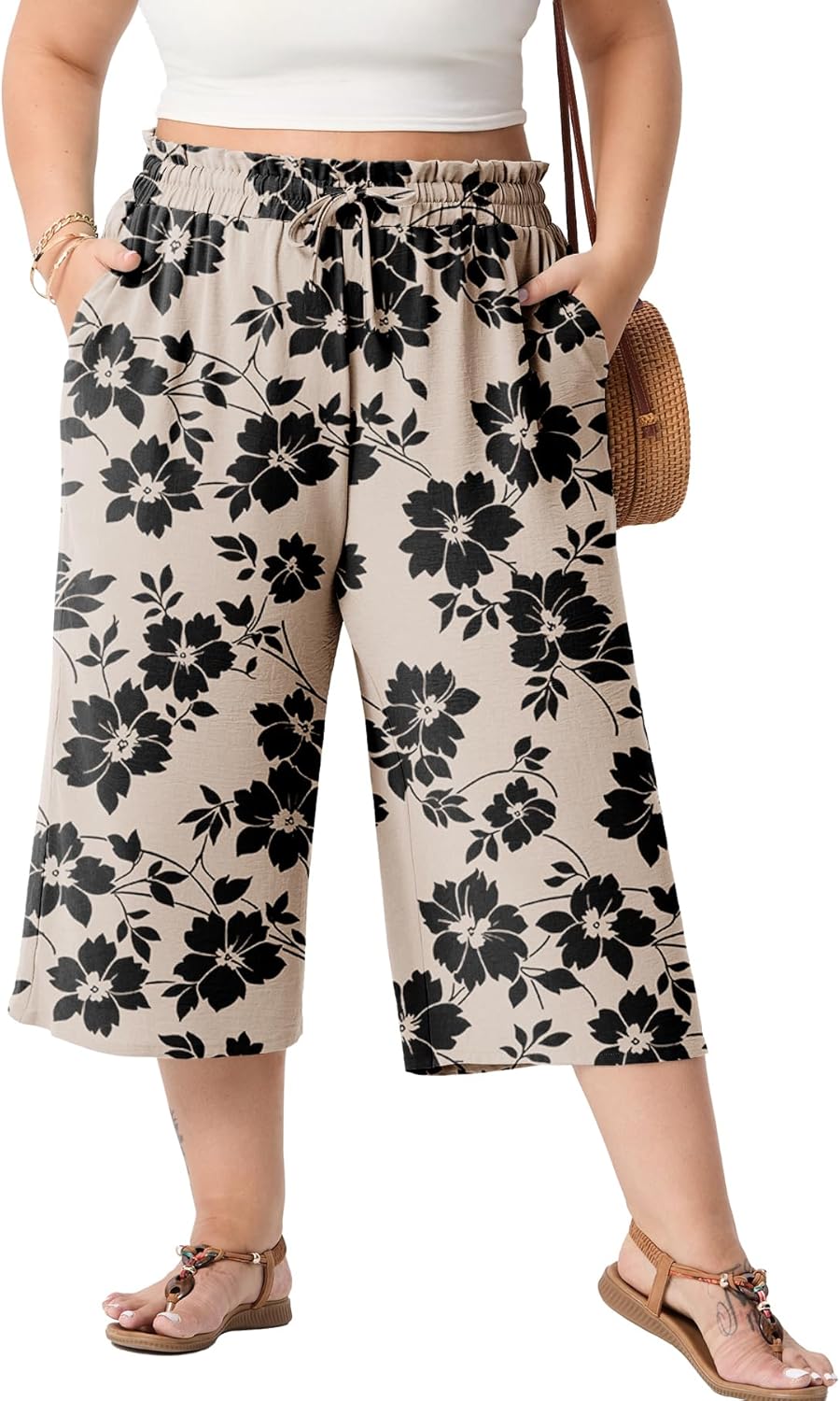 OLRIK Plus Size Capris for Women Summer Wide Leg Pants High Waist Drawstring Casual Capri Trousers with Pockets - Image 6