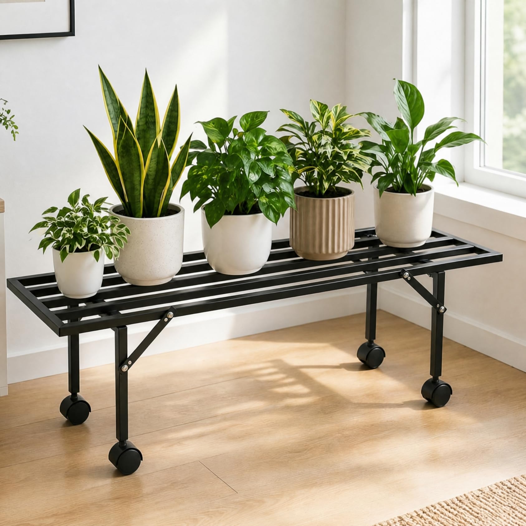 ecofynd Scot 35 Inch Plant Stand with Wheels for Outdoor Balcony, Flower Pot Stand for Indoor Plants, Large Metal Planter Stand for Living Room, home decor, Indoor & Outdoor plants, 1 Tier (PS051-BLK)-image-12