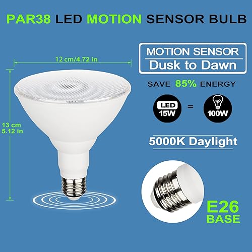 Miniatura 2 de Bombillas de inundación para exteriores con sensor de movimiento radar, luz LED de seguridad del atardecer al amanecer, base E26, PAR38 activada por