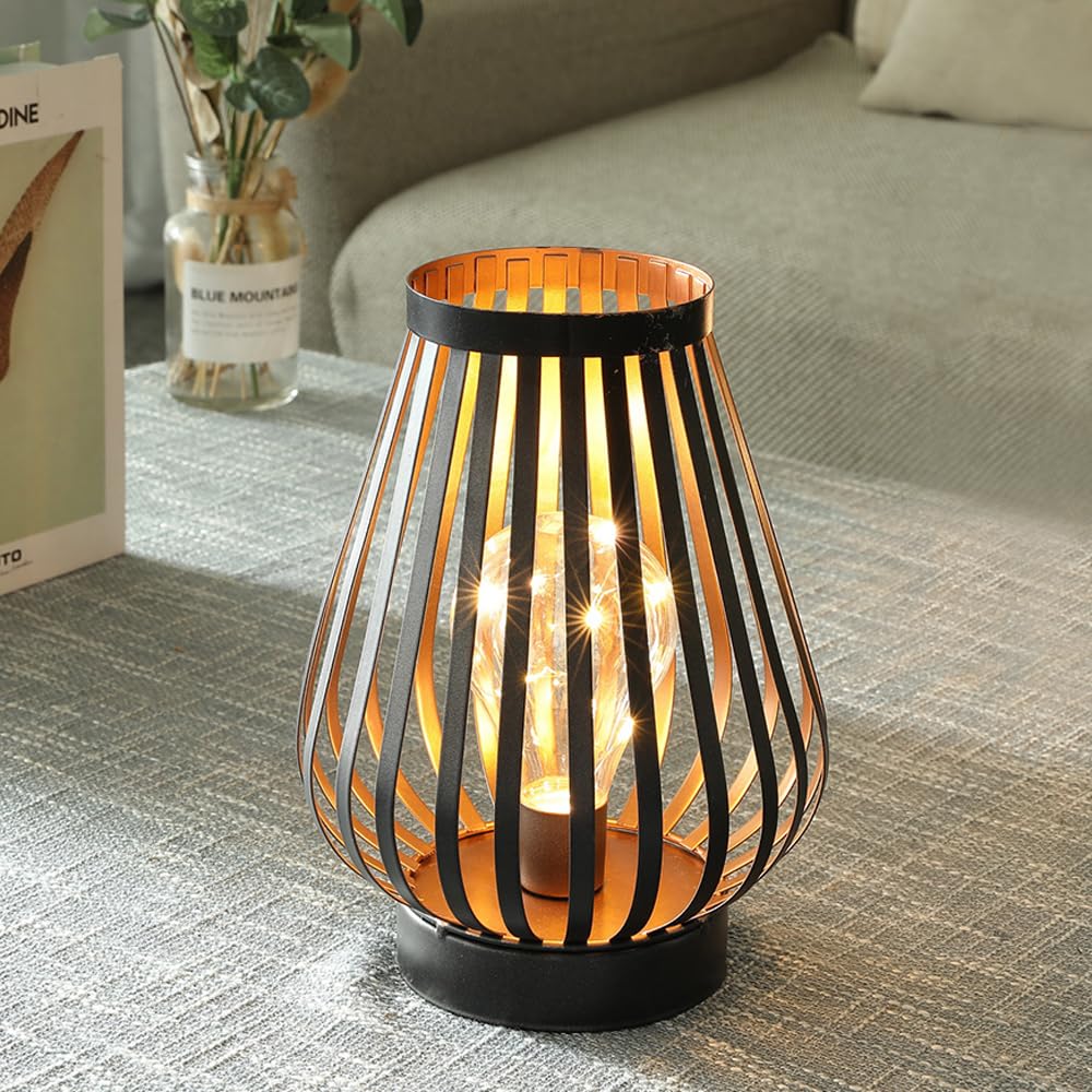 Linterna LED de jaula de metal de 8.7 pulgadas de alto, funciona con pilas, luz de acento inalámbrica con bombilla LED estilo Edison, ideal para bodas, fiestas, patio, eventos, interiores y 3