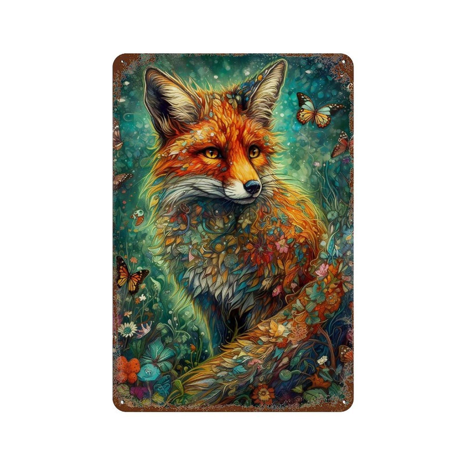 Fox Butterefly 11.8"x7.9" Vintage Rust Metal Sign, Novelty Wall Decor for Living Room, Hallway And Home Decor