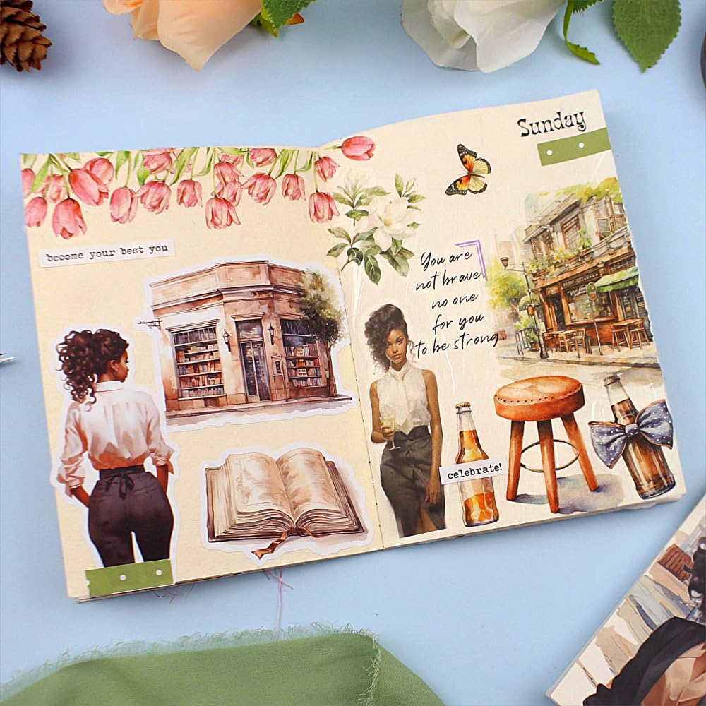 Dwpetzo Calcomanías para álbumes de recortes con temática floral de vida para mujeres afroamericanas, más de 200 calcomanías de diario para álbumes de recortes y diarios de viñetas, 20 hojas únicas de