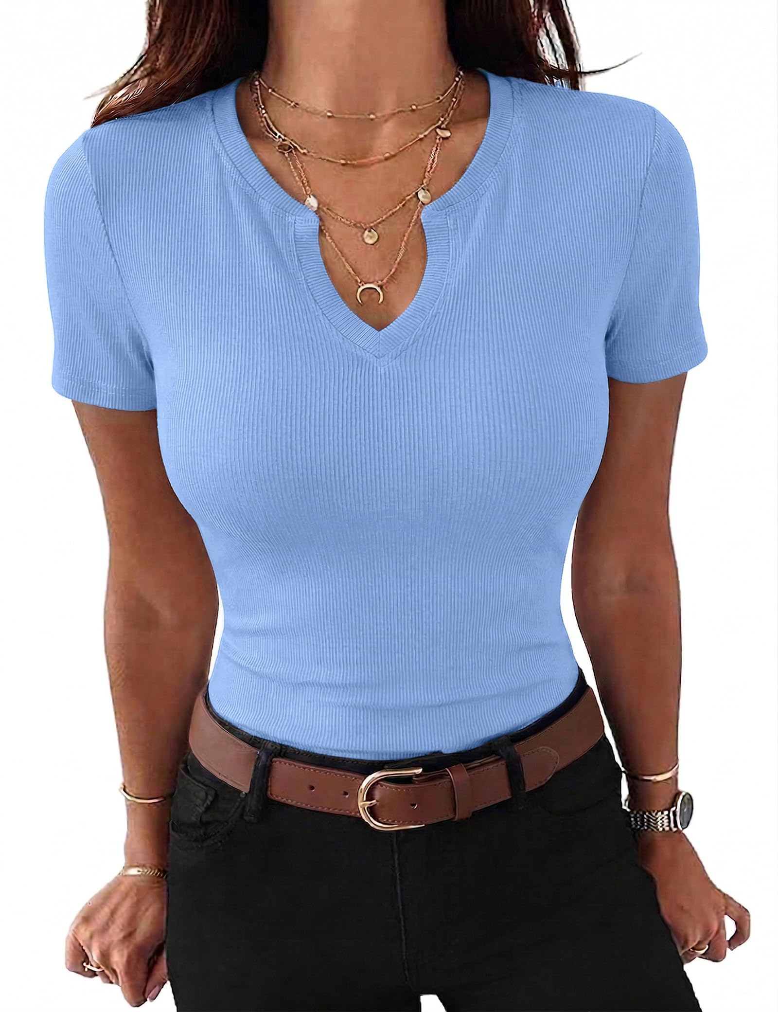 Gyabnw Damen T-Shirt V-Ausschnitt Elegant Gerippt Bluse Oberteil Kurzarm Basic Shirt Casual Sommer Top