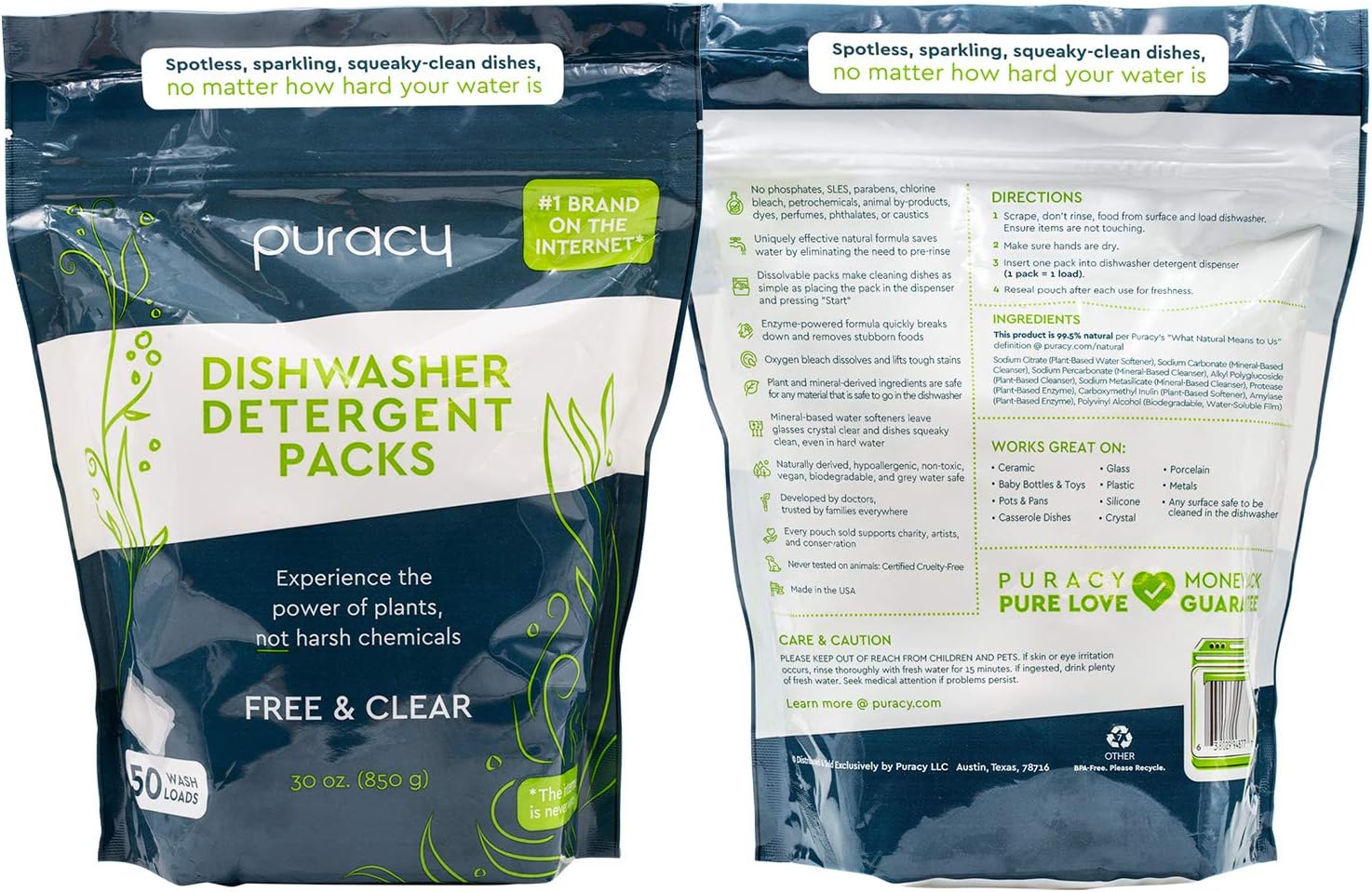 Puracy Dishwasher Pods, 50 Count, Natural Dishwasher Detergent, Free & Clear Enzyme-Powered Automatic Dishwasher Pod, Spot and Residue-Free Dish Tabs, 2-in-1 Dishwasher Soap and Rinse Aid : Health & Household