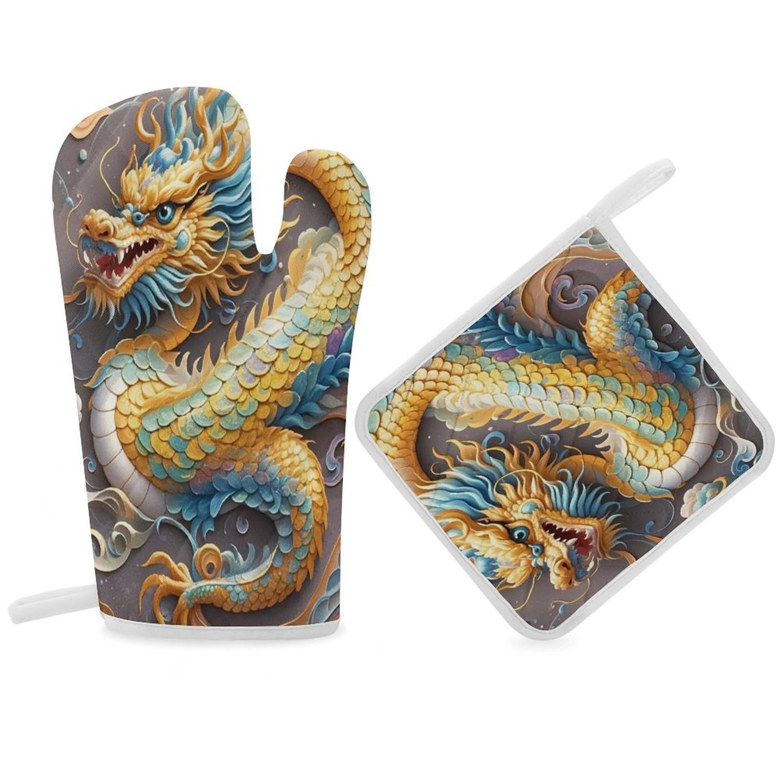 Dragon Art Oven Mitt Gloves and Heat Insulation Pads Double-Layer Thickened Heat Insulation Mitt Temperature Oven Gloves for Cooking Baking Grilling