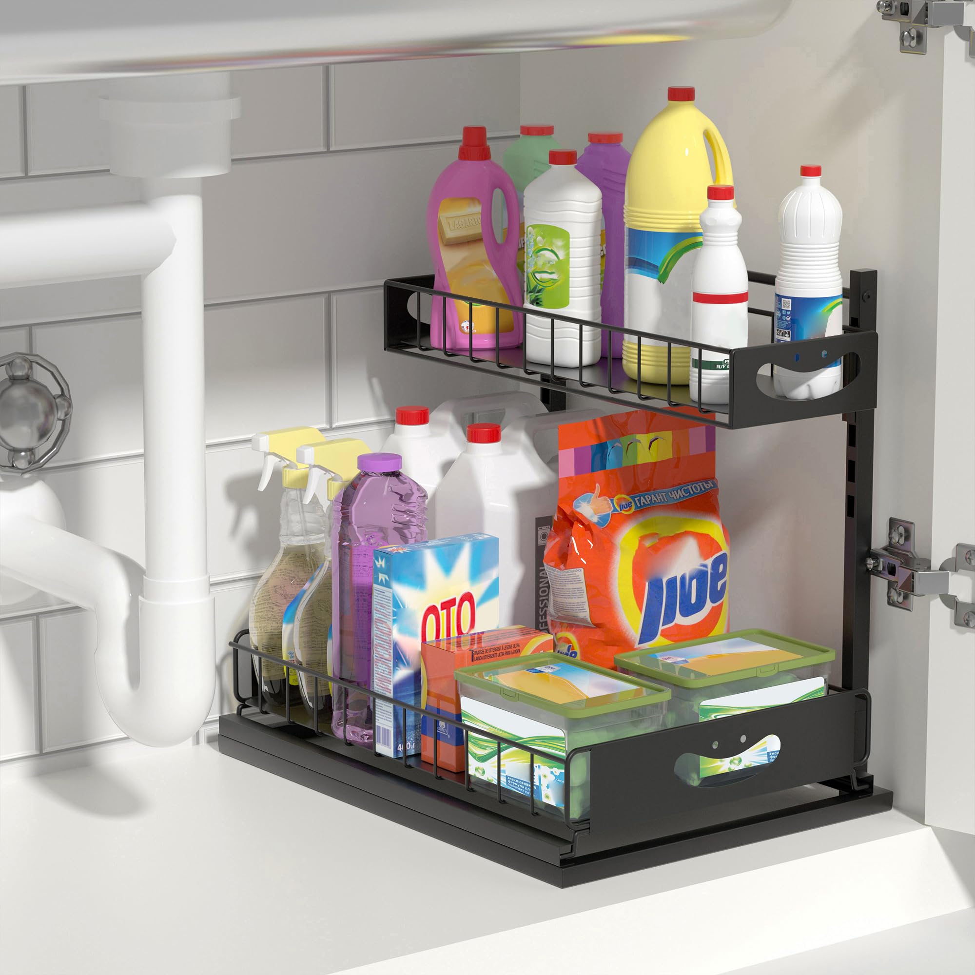 Organizzatore sotto il lavandino con cassetti estraibili, organizer per lavello da cucina, organizer e portaoggetti da bagno a 2 livelli, set di accessori da bagno, nero, confezione da 1