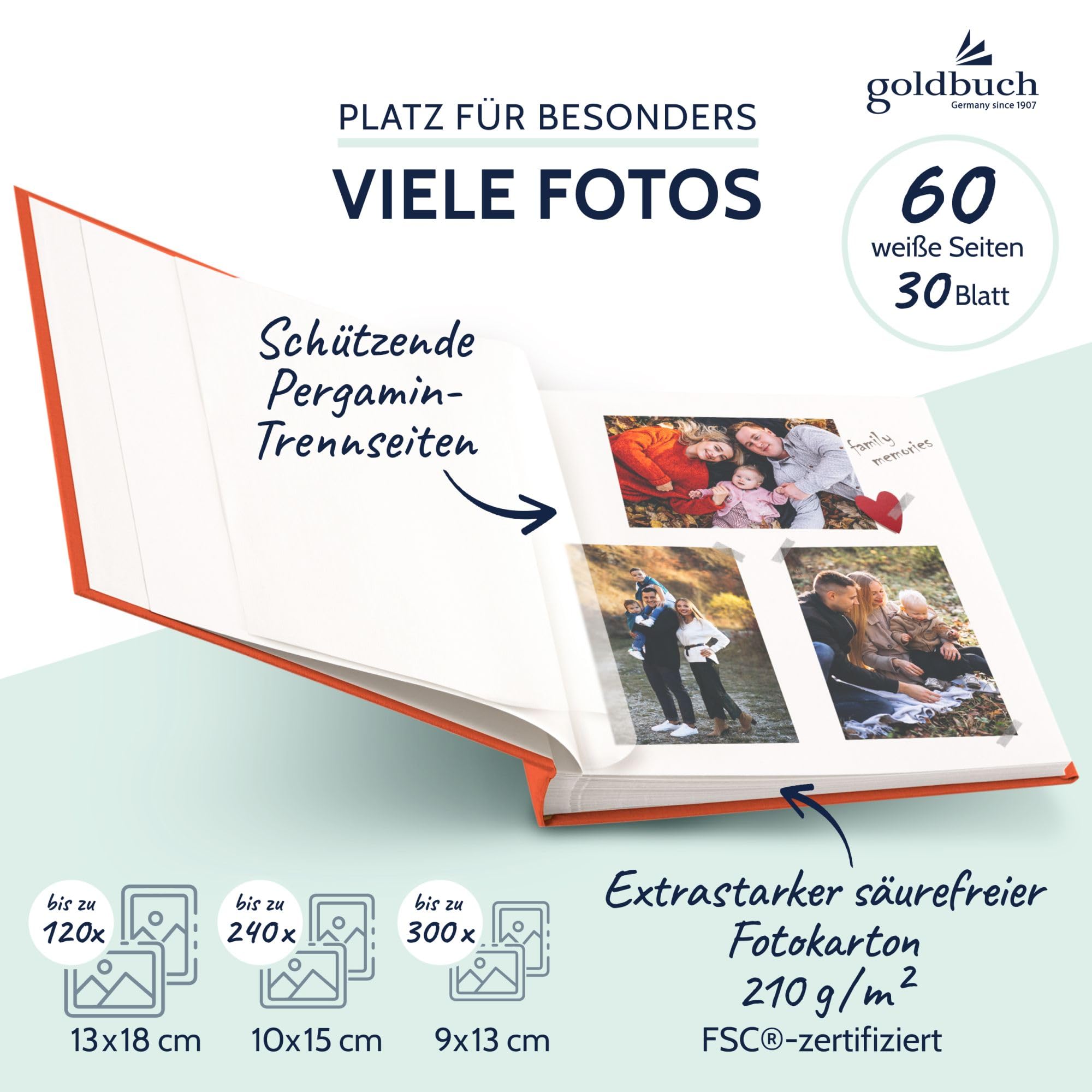 goldbuch Álbum de fotos Bella Vista 27 480 con recorte de salmón, álbum de recuerdos en formato 30 x 31 cm, 60 páginas blancas con separadores de pergamino, libro de fotos con cubierta de lino en