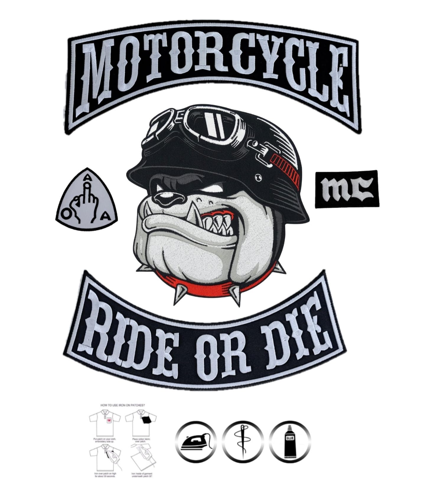 Juego de 5 parches bordados termoadhesivos para motocicleta, diseño de bulldog bordado en Pilot Motorcycle, para chaleco de moto, para decorar ropa de moto, chaleco DIY