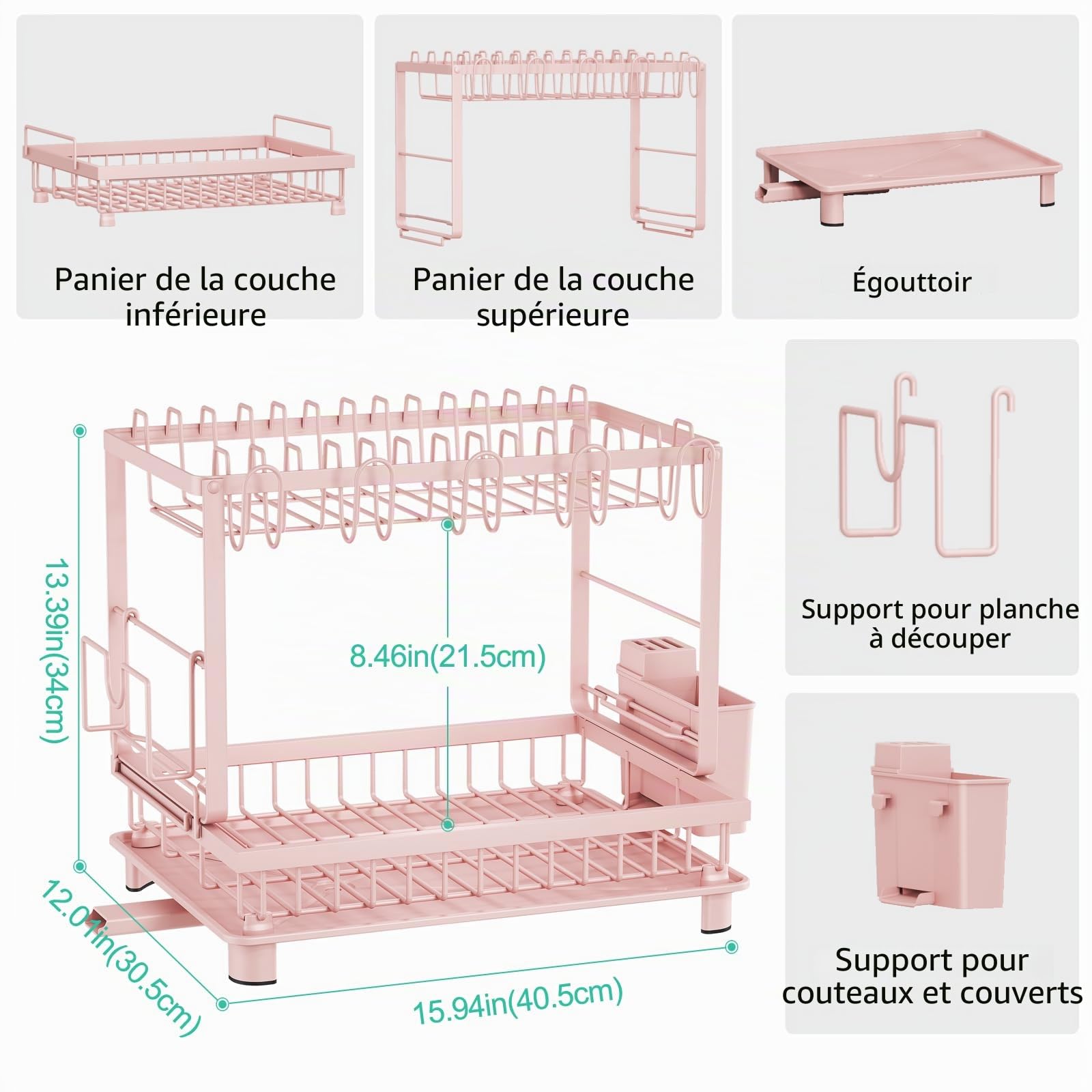 Égouttoir à Vaisselle Multifonction à 2 Niveaux, antirouille avec égouttoir, ustensiles et Porte-gobelets pour comptoir de Cuisine, Rose