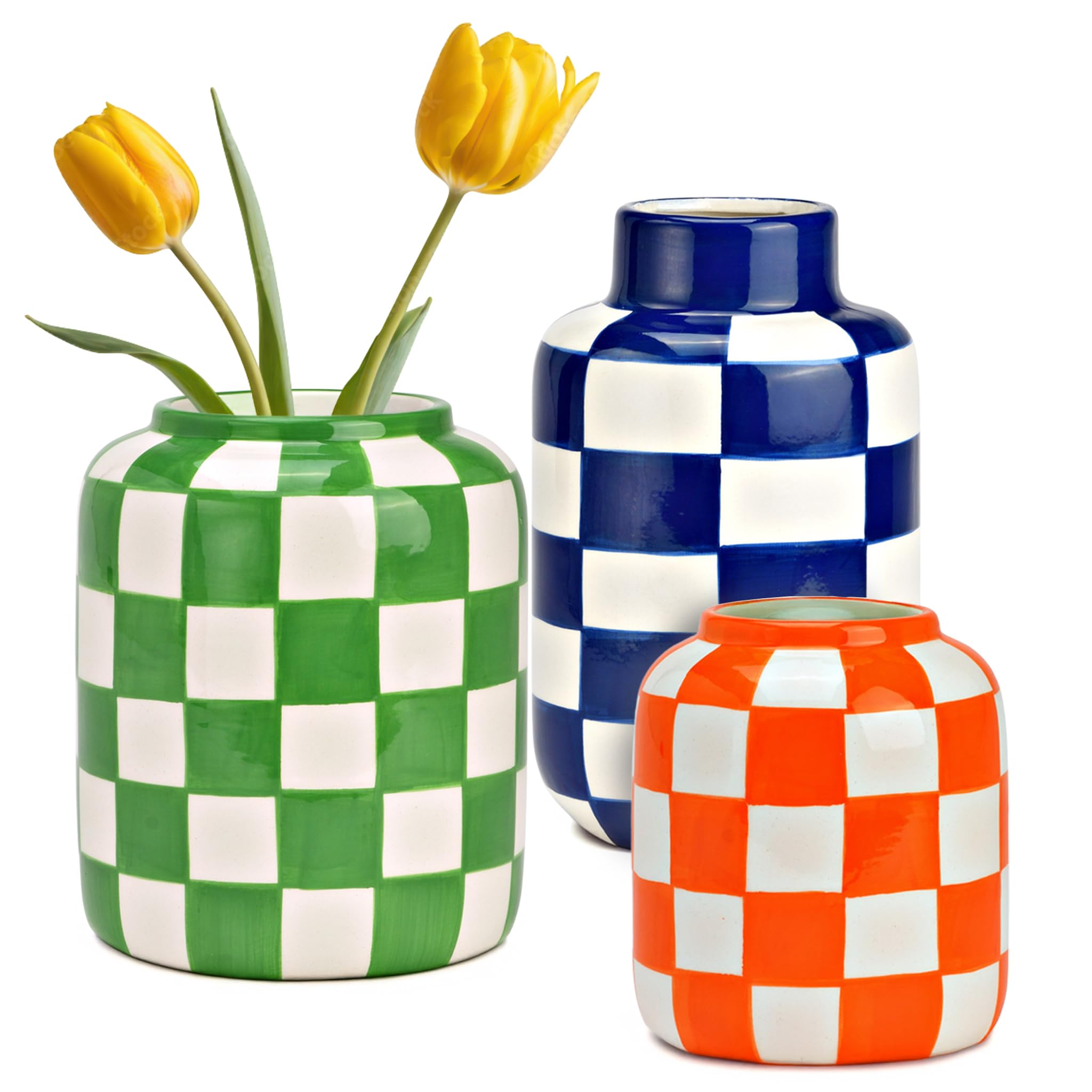 matches21 HOME & HOBBY Blumenvasen 3er Set kariert, orange, grün, blau - Moderne Keramik Vase als Wohnzimmerdeko