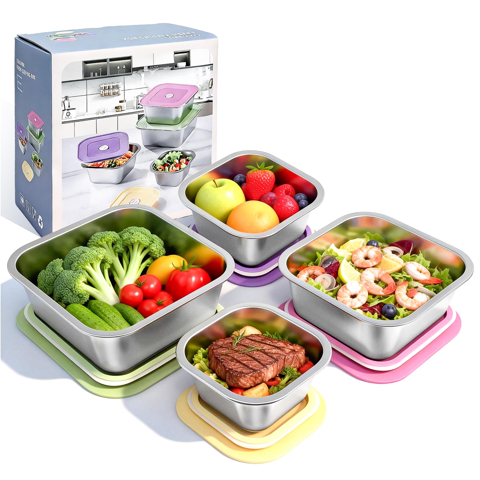 4-Piece Stainless Steel Lunch Box with Lids Set Stackable Metal Food Storage Containers Leakproof Lunch Containers Dishwasher Safe
