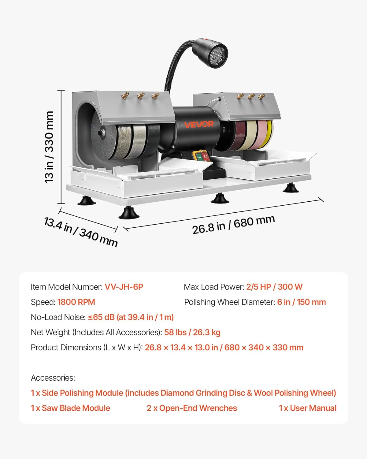 VEVOR Cabbing Machine, 6" 2/5 HP 1800 RPM Efficient, Lapidary Rock Grinder Polisher with Diamond and Resin Wheels, LED Lamp, Water System, Lapidary Equipment for Gemstone Grinding, Stone Polishing