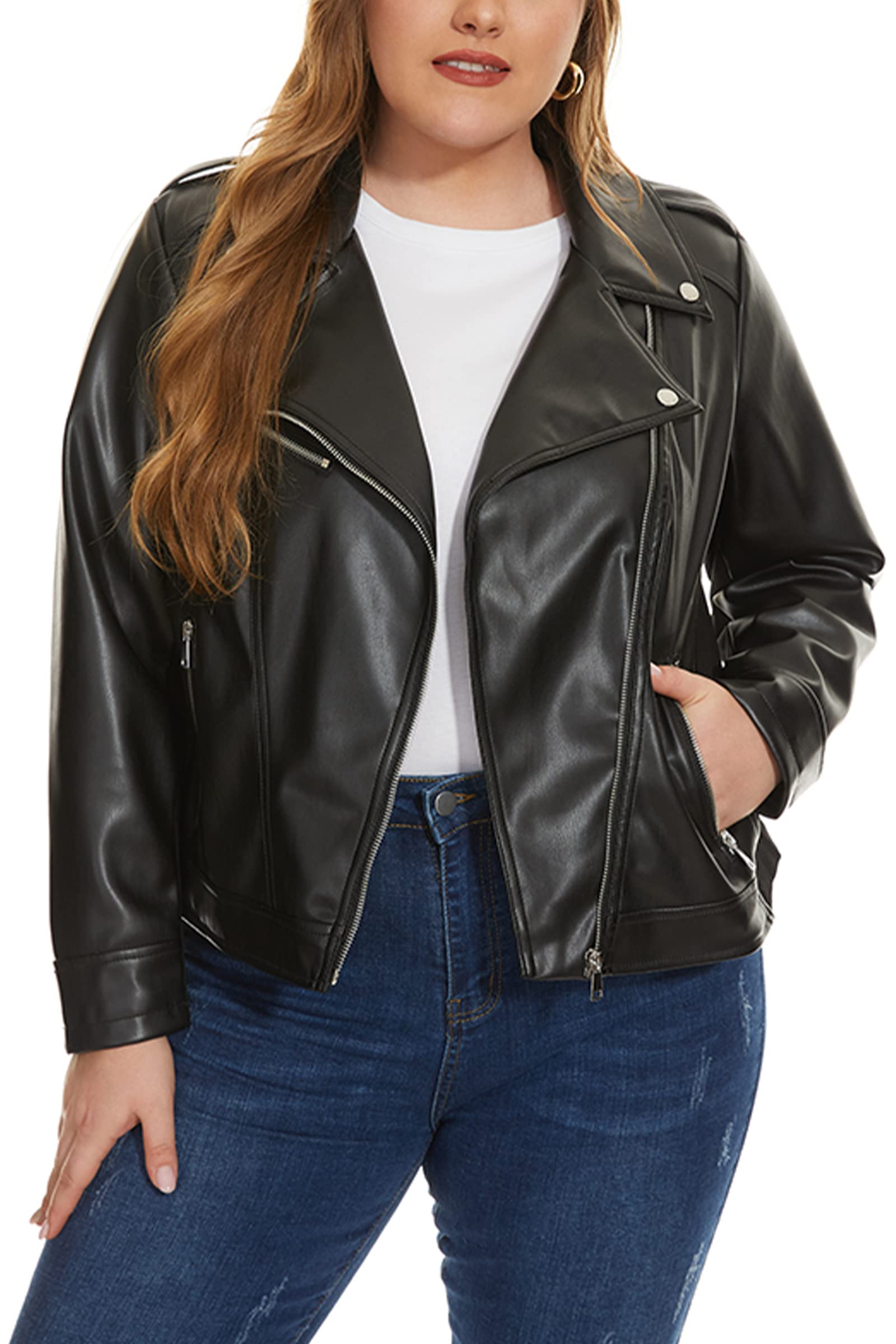 Women's Faux Leather Jackets, Zip Up Motorcycle Short PU Moto Biker Outwear Fitted Plus Size Coat