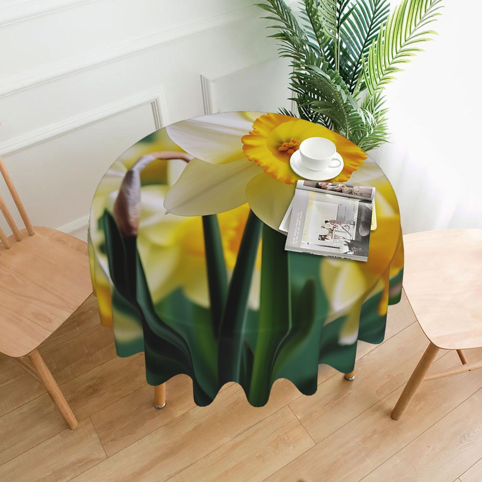 Fodpand Black Daffodil Flower Tablecloths For Round Tables 60 Inches - Reusable And Washable Kitchen Table Clothes Decorative Table Cover For Dining Tables, Buffet Parties, Wrinkle Resistant