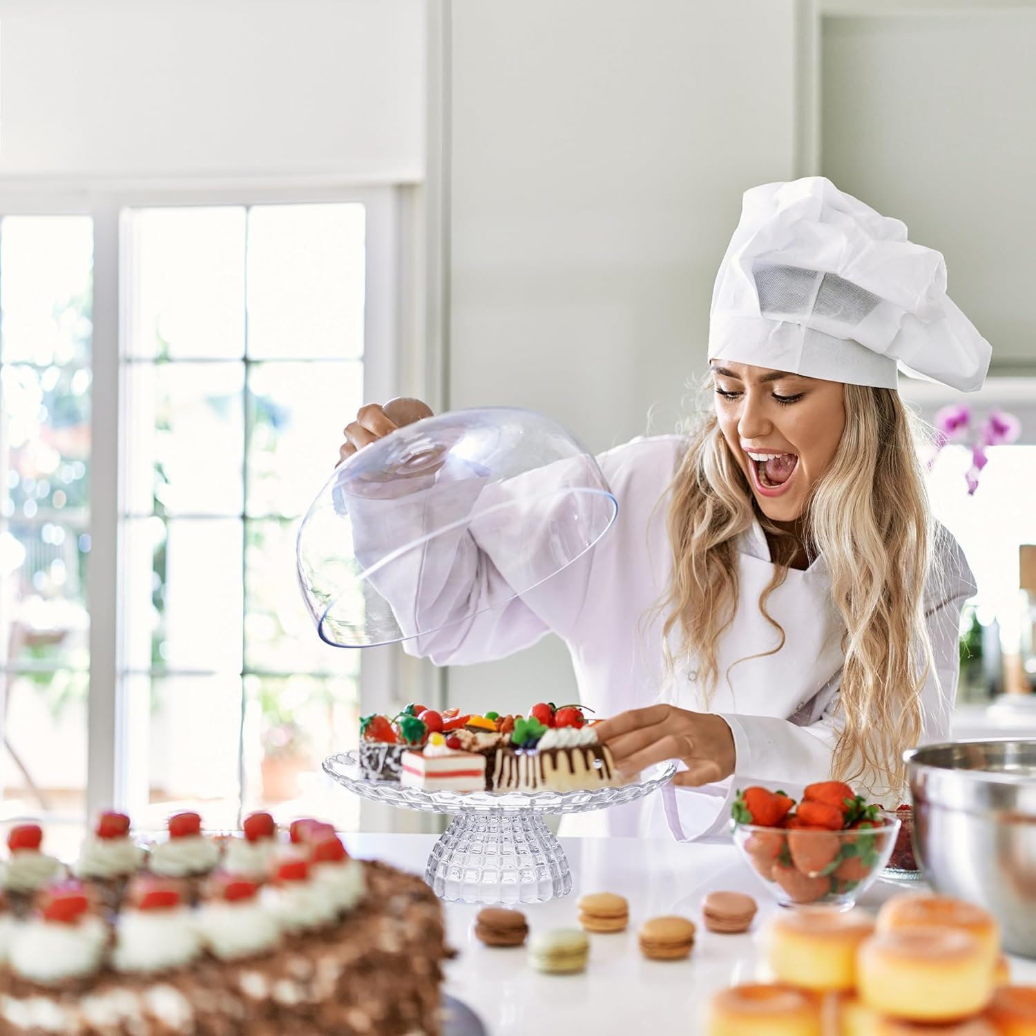 Porte gateau sur pied avec cloche plat a tarte pâtisserie + couteau et pelle à tarte inclus | XL | Ø 37cm rond | 1 ensemble