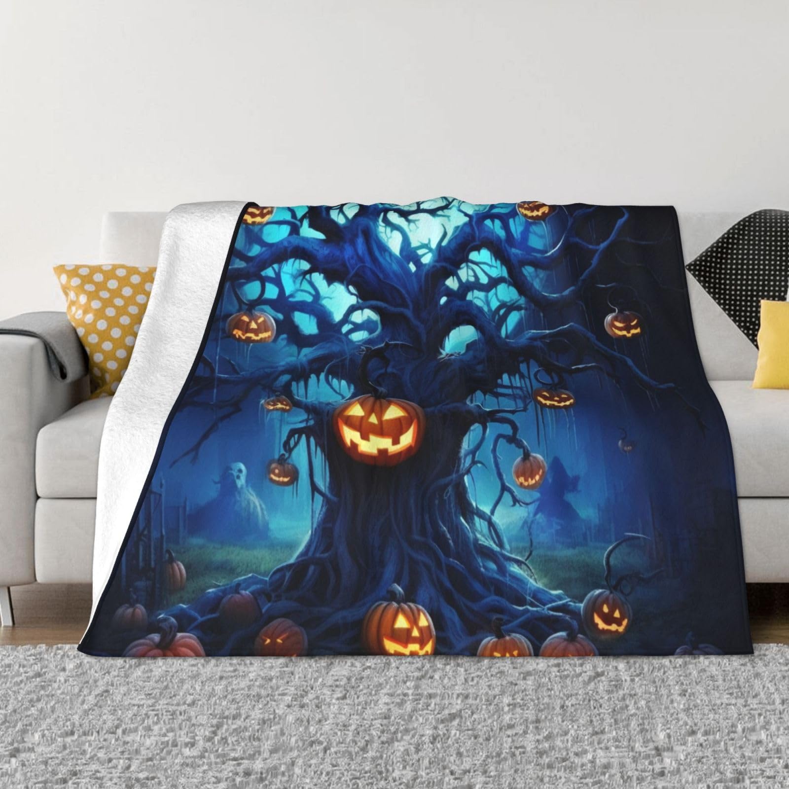 Couverture motif citrouille d'Halloween plaid bleu en flanelle idée cadeau